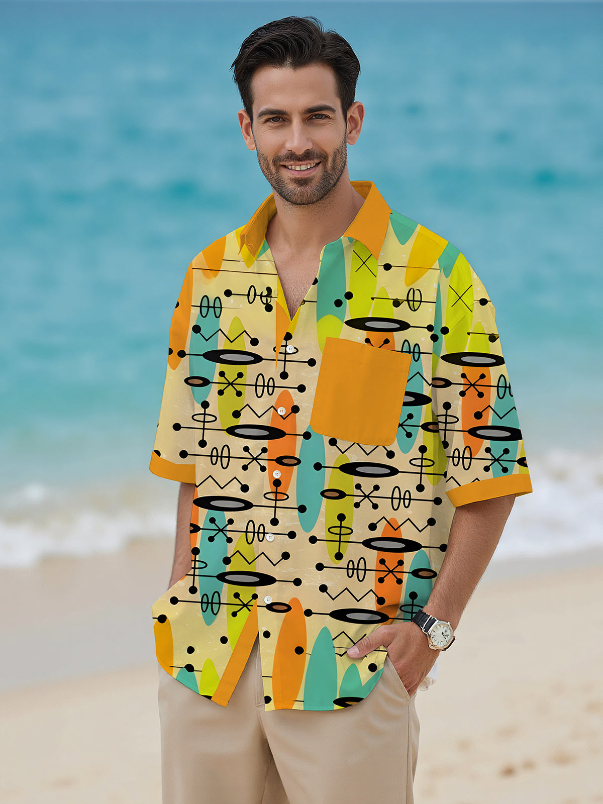 Dots Lines Color Blocks Geometry Men's Pocket Short Sleeve Shirts