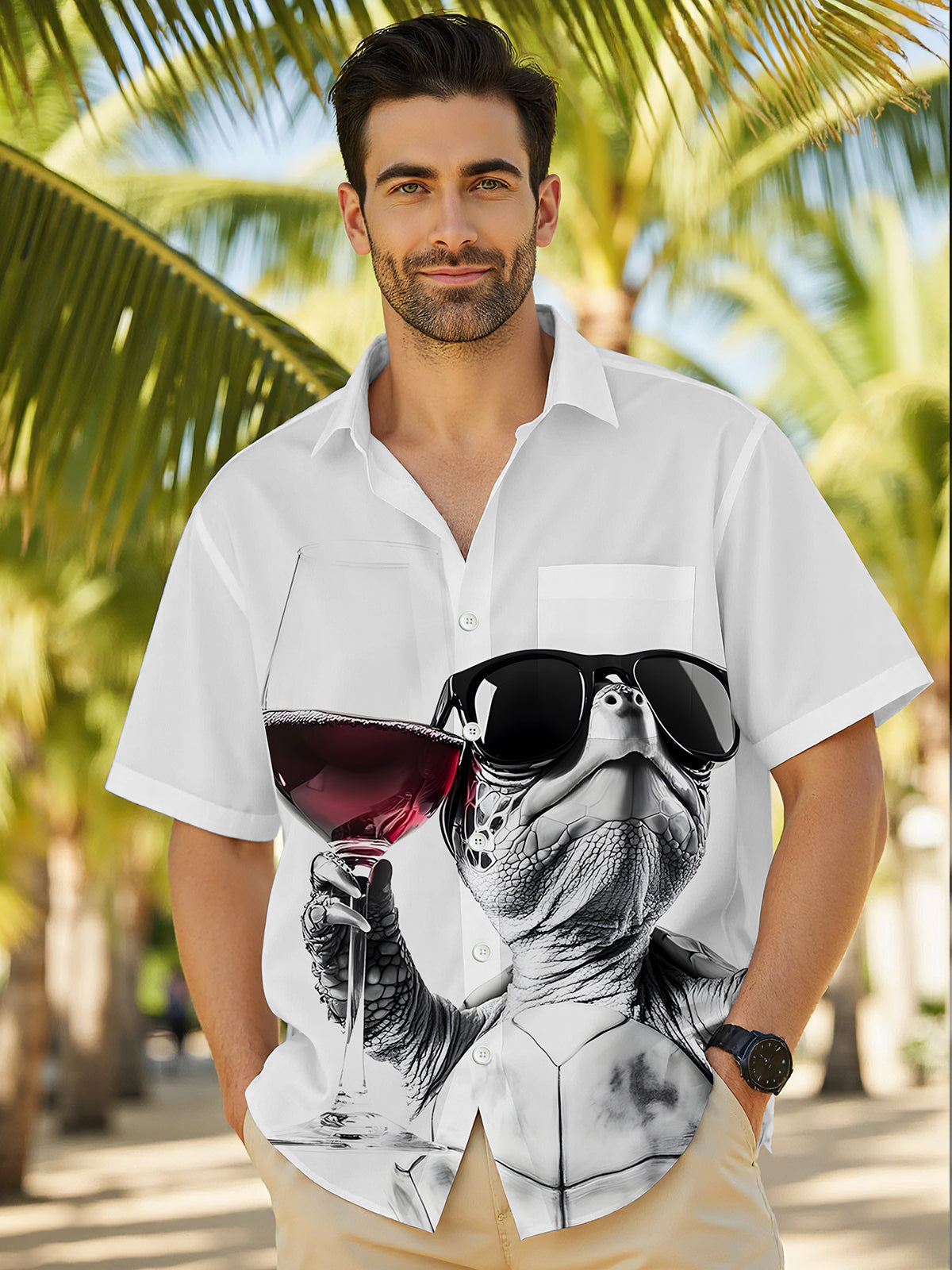 Turtle Red Wine Print Men's Pocket Short Sleeve Shirts