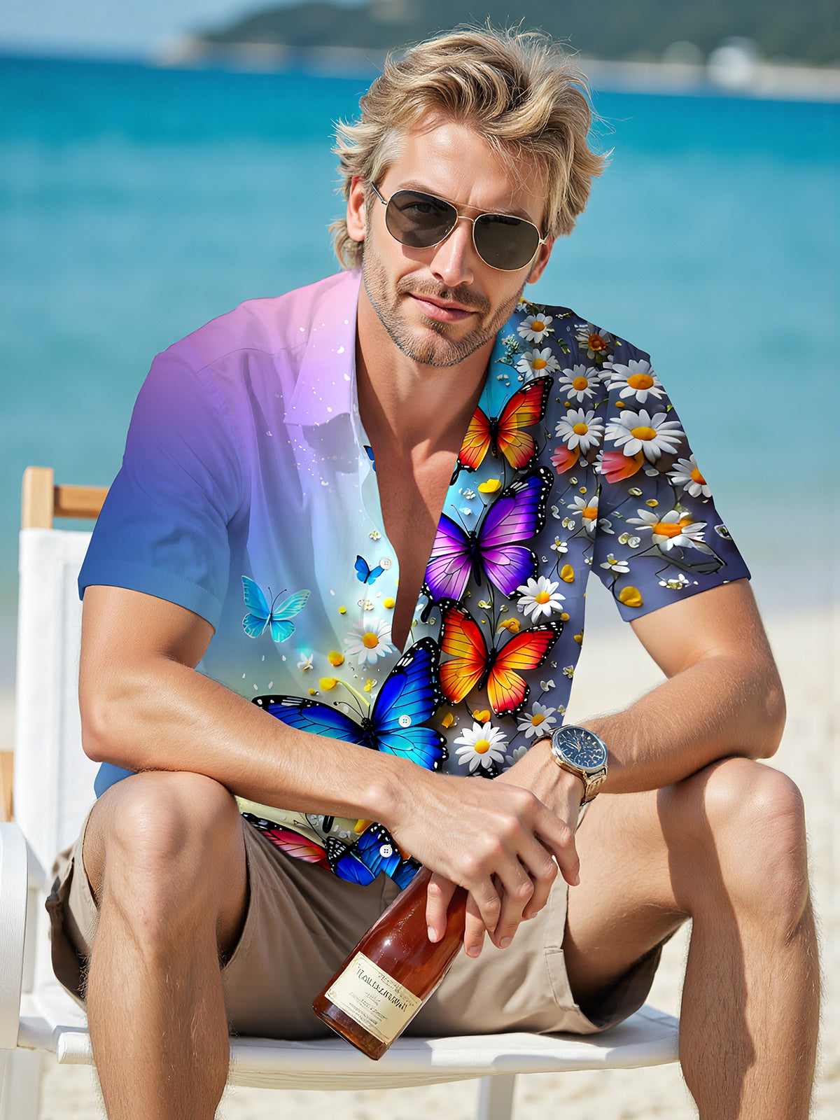 Butterfly Floral Men's Pocket Short Sleeve Shirts