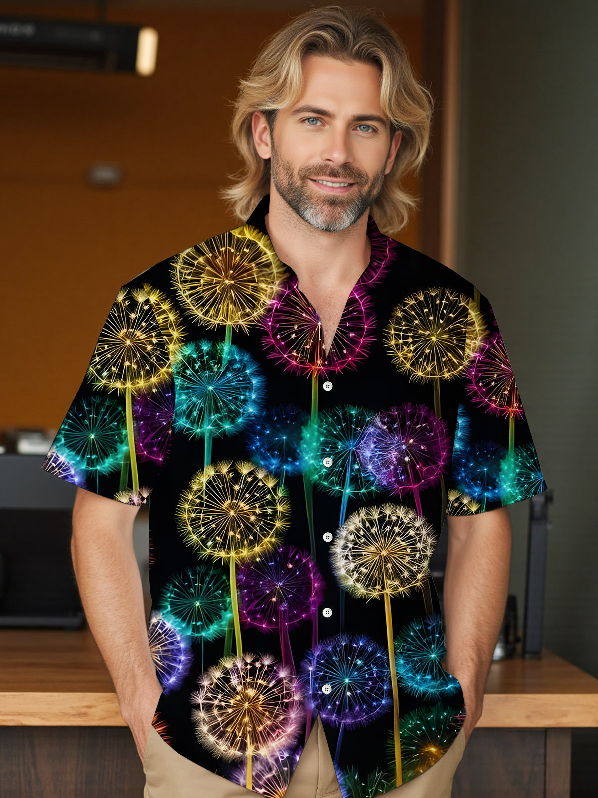 Dandelion Print Men's Pocket Short Sleeve Shirts