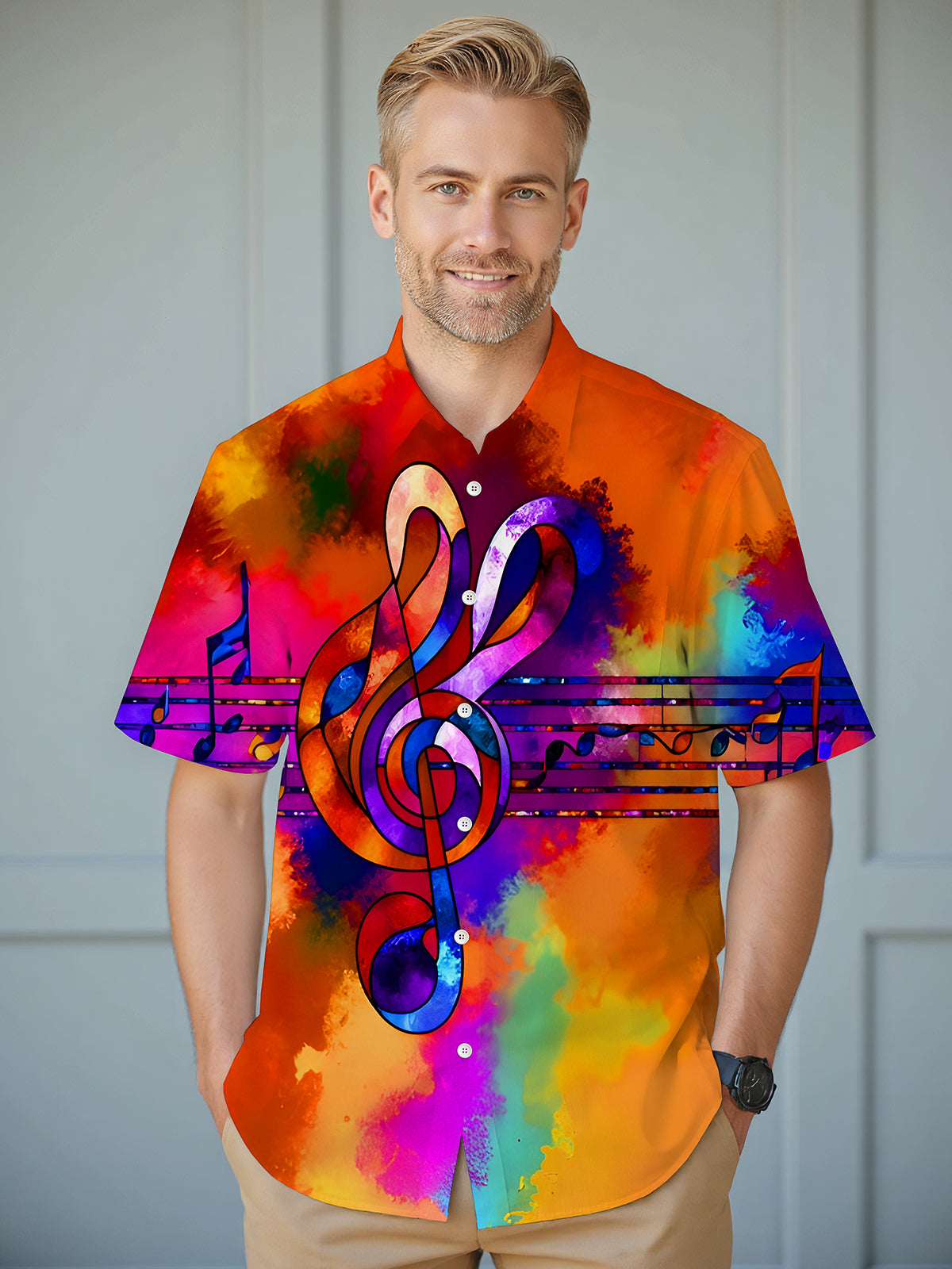 Tie Dye Colorful Music Notes Men's Pocket Short Sleeve Shirts