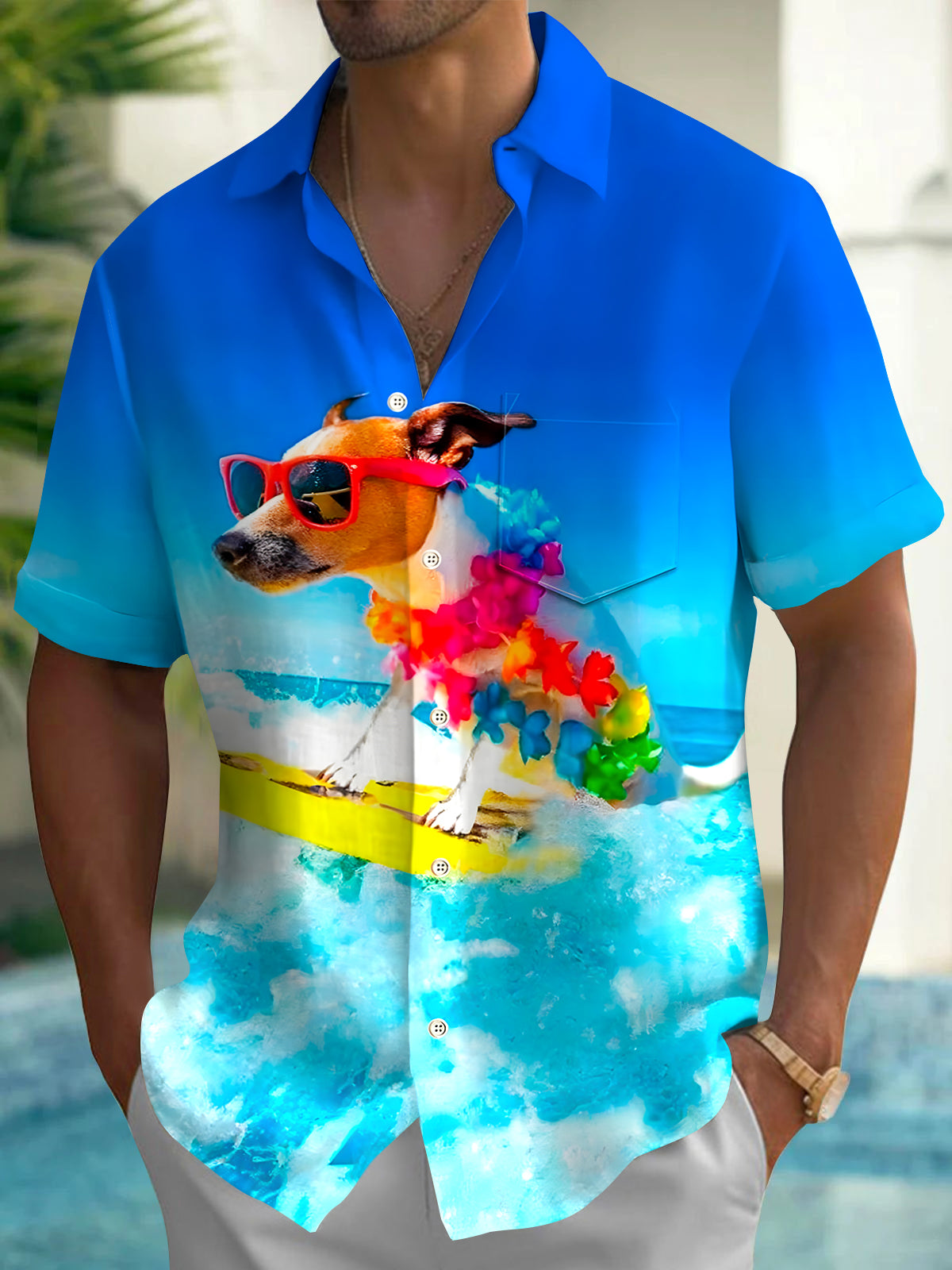 Hawaiian Surfing Dog Men's Pocket Short Sleeve Shirts