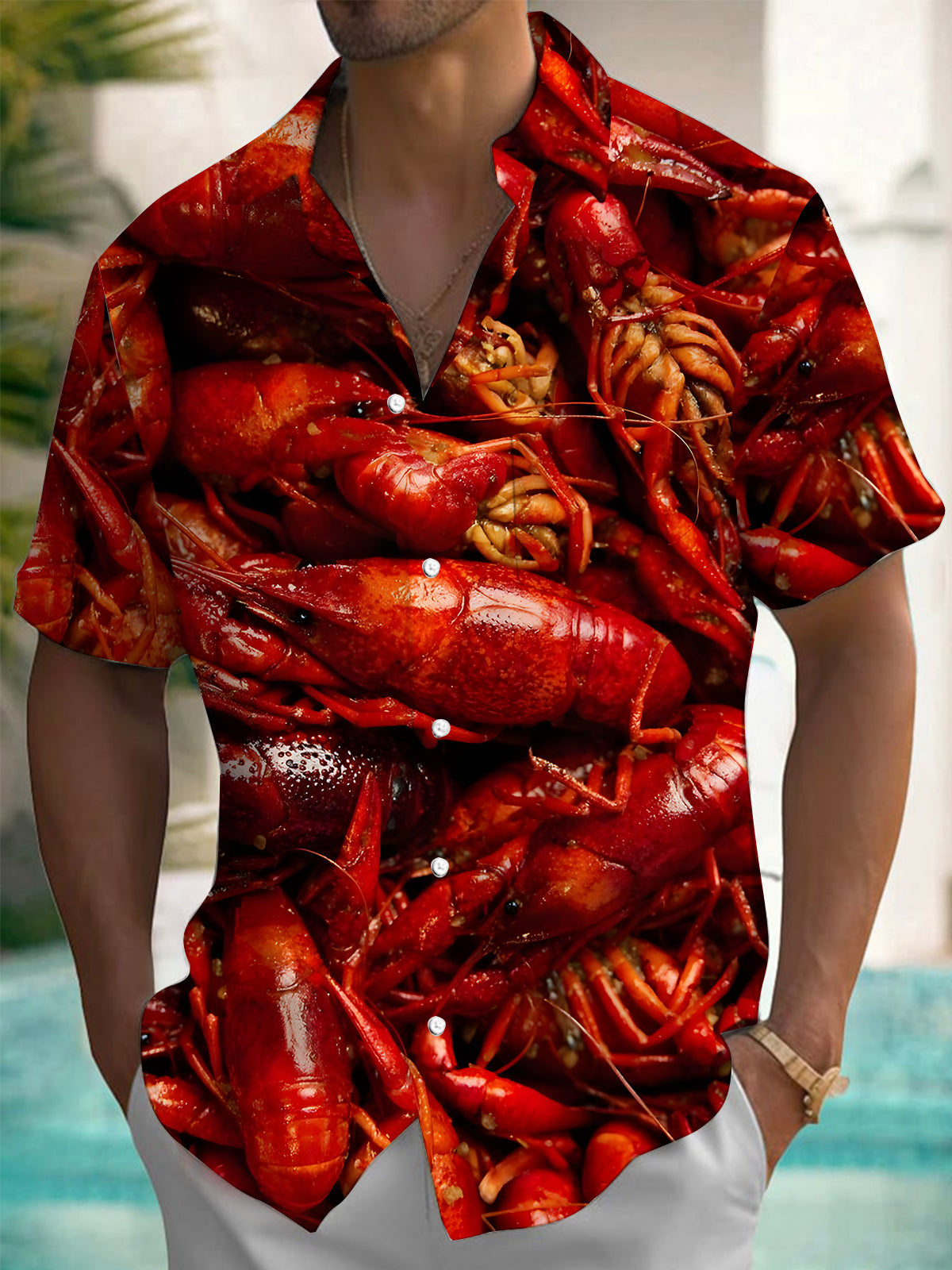 Retro Crayfish Print Men's Pocket Short Sleeve Shirts