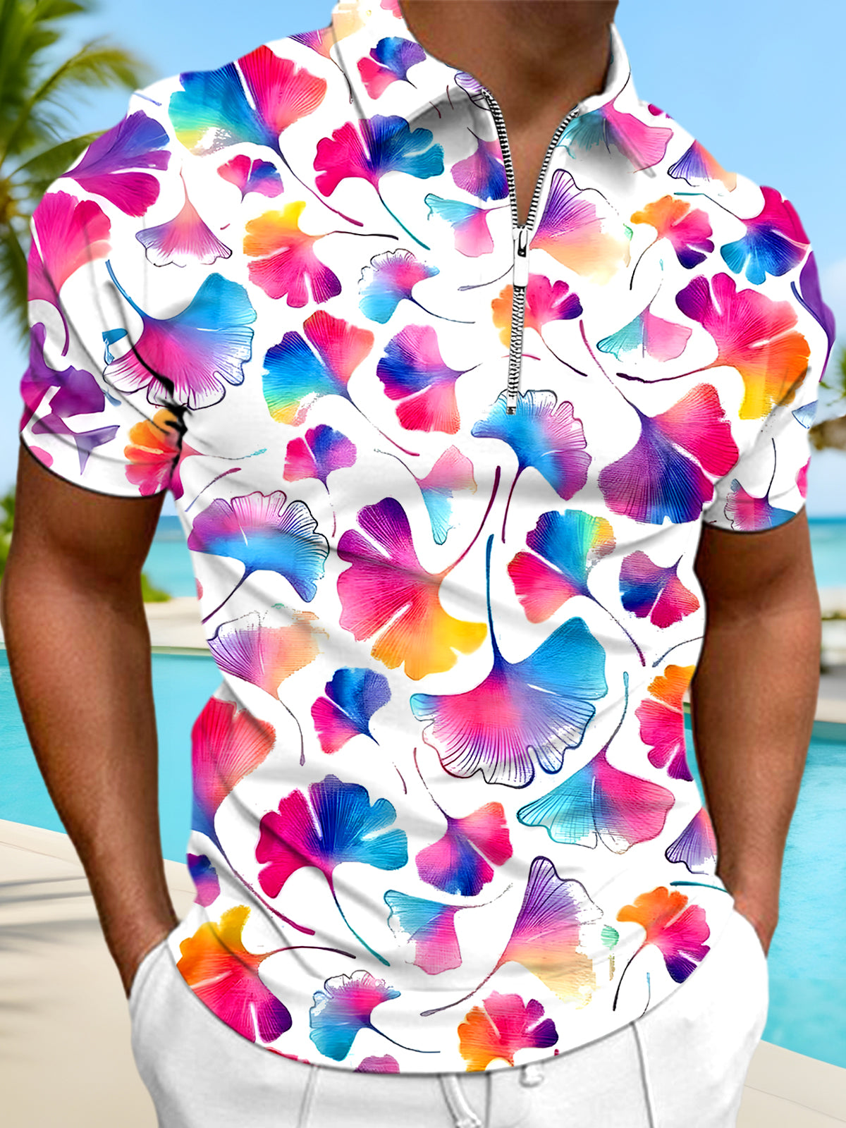 Hawaiian Ginkgo Leaves Men's Short Sleeve Zipper Polo