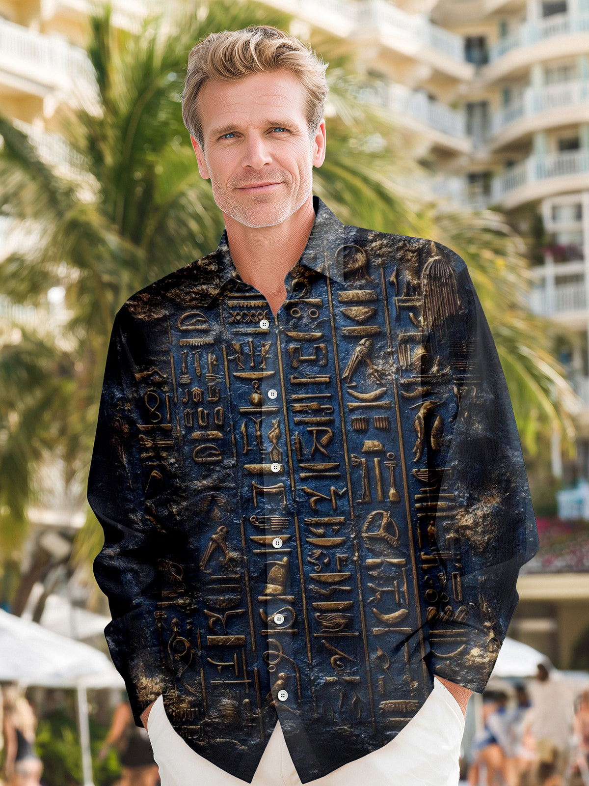 Vintage Engraved Print Men's Pocket Long Sleeve Shirts