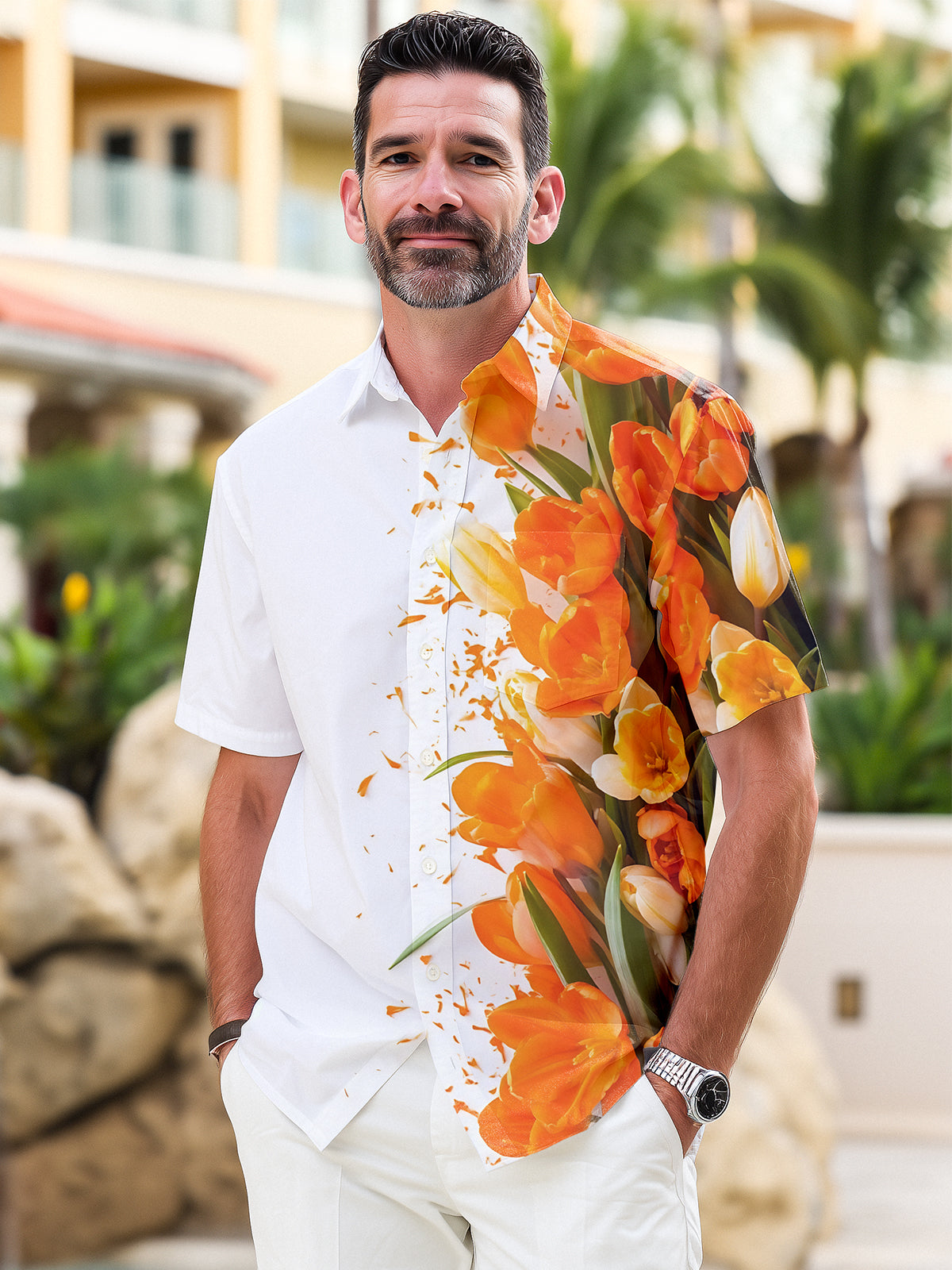 Floral Print Men's Pocket Short Sleeve Shirts