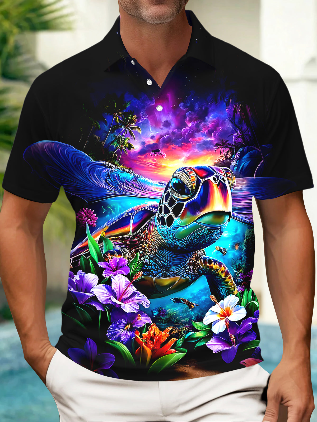 Hawaiian Turtle Men's Short Sleeve Button Polo Shirt