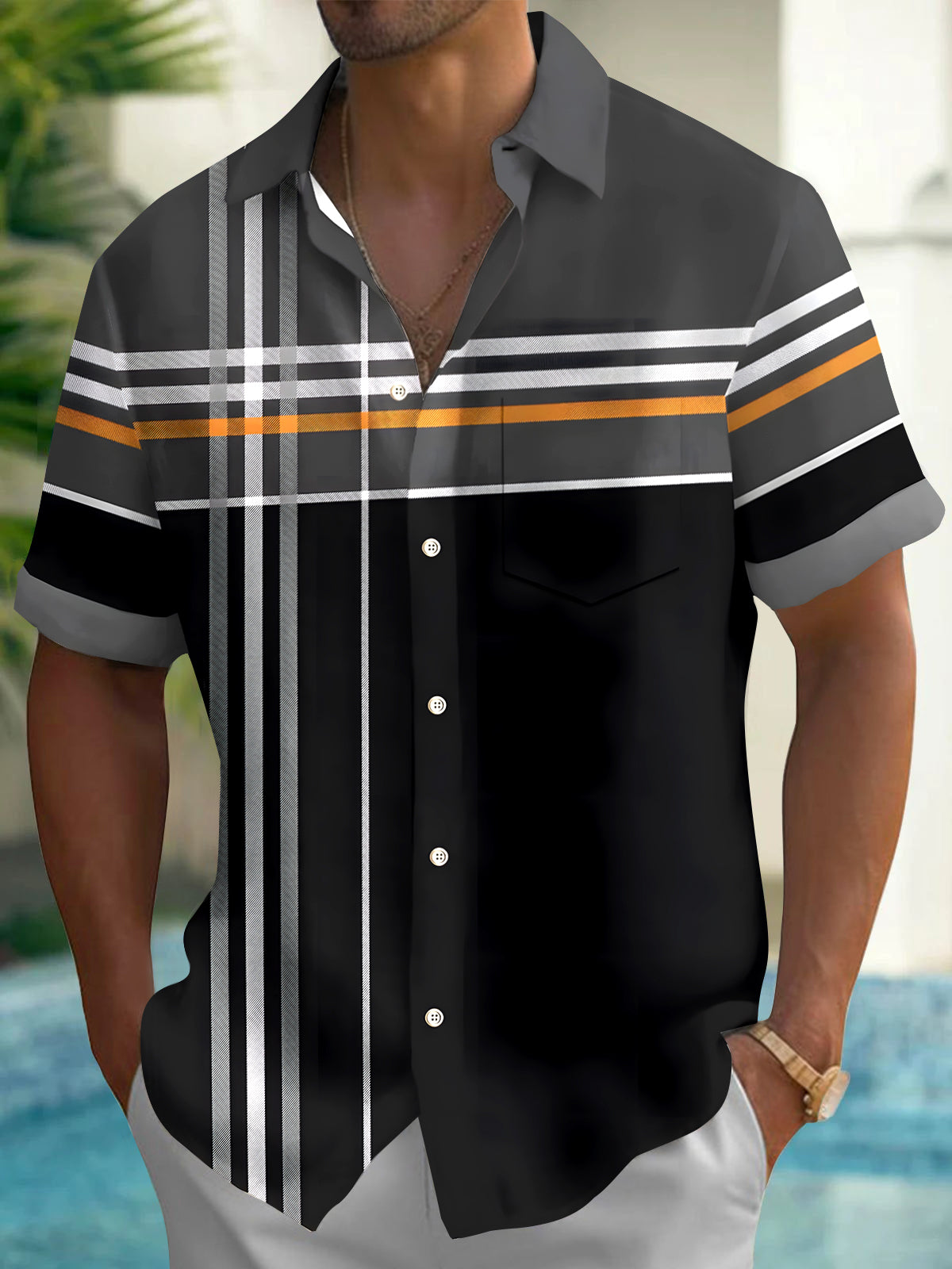 Basic Geometry Stripes Men's Pocket Short Sleeve Shirts