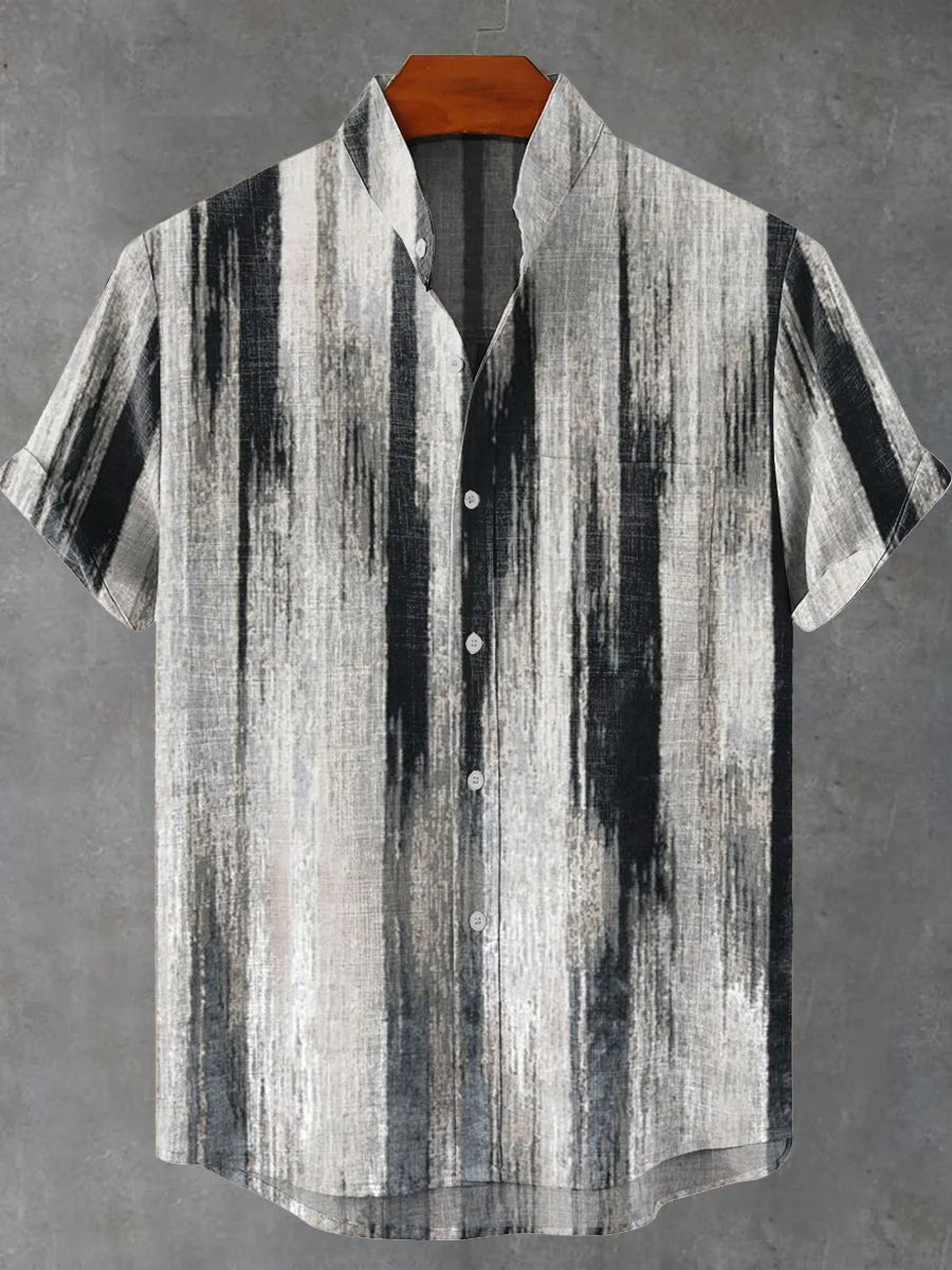 Art Vintage Print Pocket Stand Collar Short Sleeve Shirt