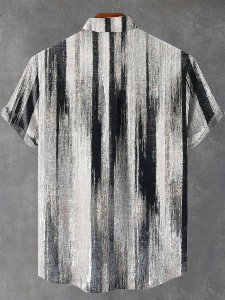 Art Vintage Print Pocket Stand Collar Short Sleeve Shirt