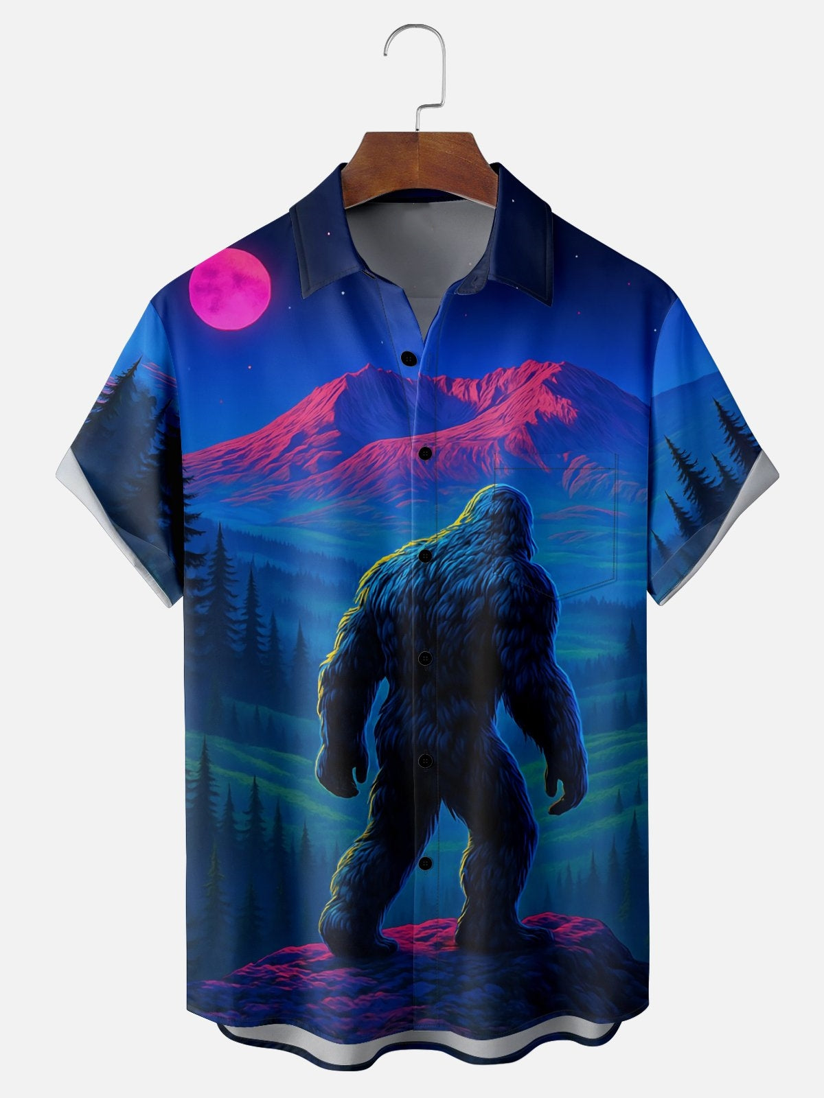 Bigfoot Night Art Print Men's Pocket Short Sleeve Shirts