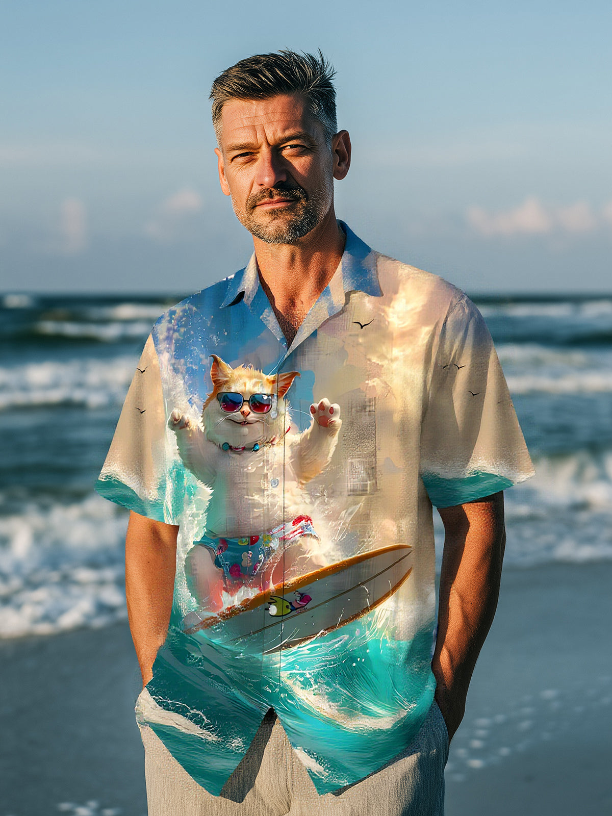 Surfing Cat Printing Pocket Stand Collar Short Sleeve Shirt