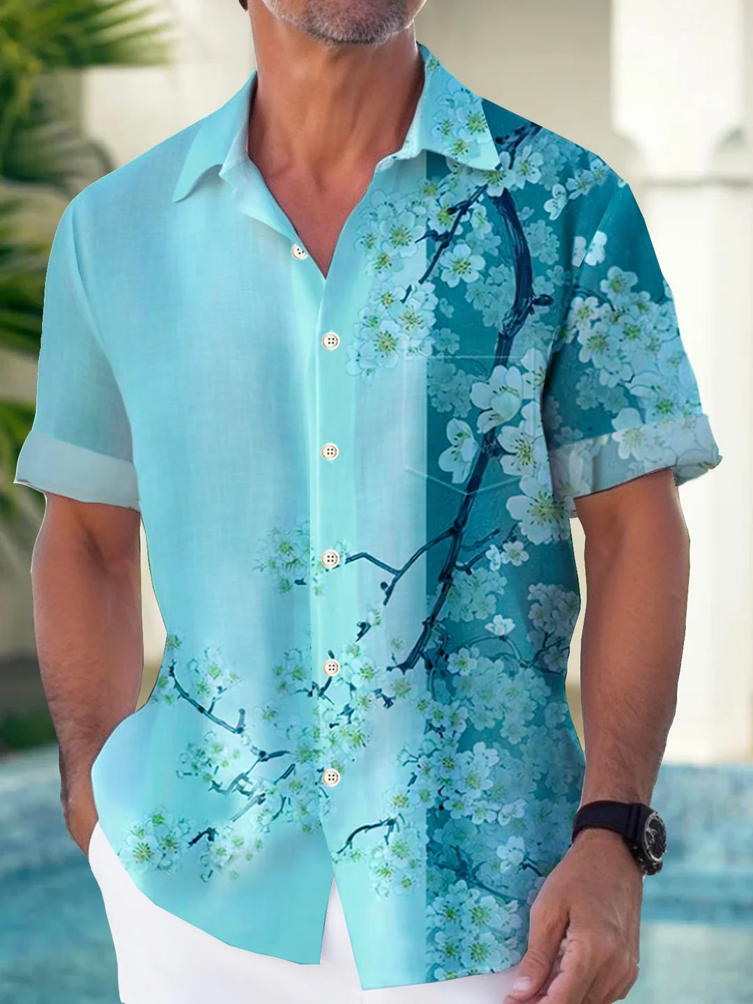 Hawaiian Floral Short Sleeve Men's Shirts With Pocket