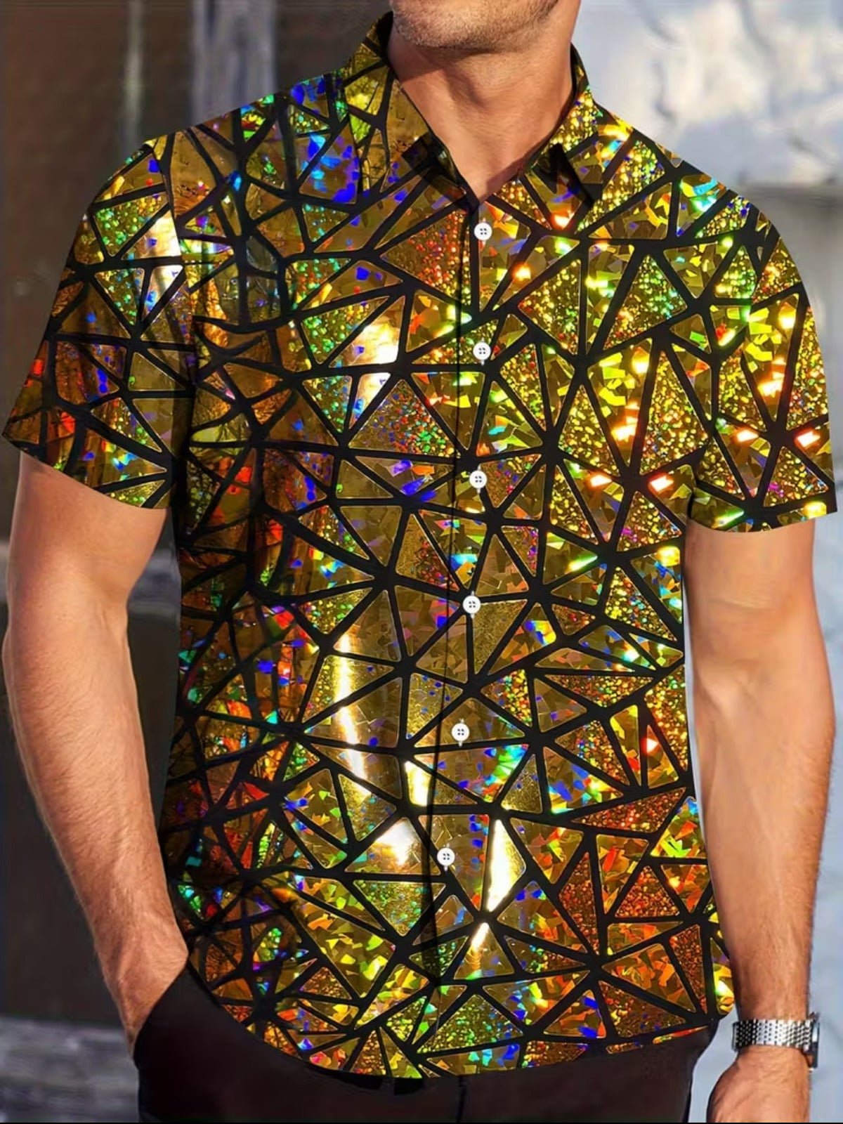 Arts Geometric Print Men's Pocket Short Sleeve Shirts