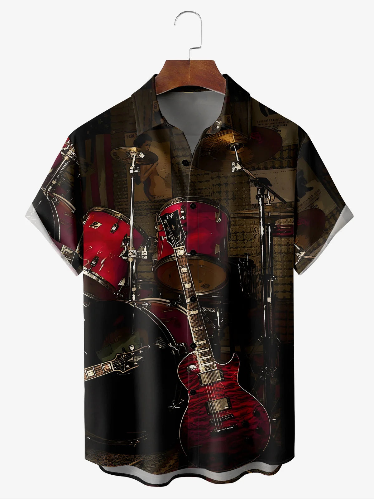 Music Guitar Print Men's Pocket Short Sleeve Shirts