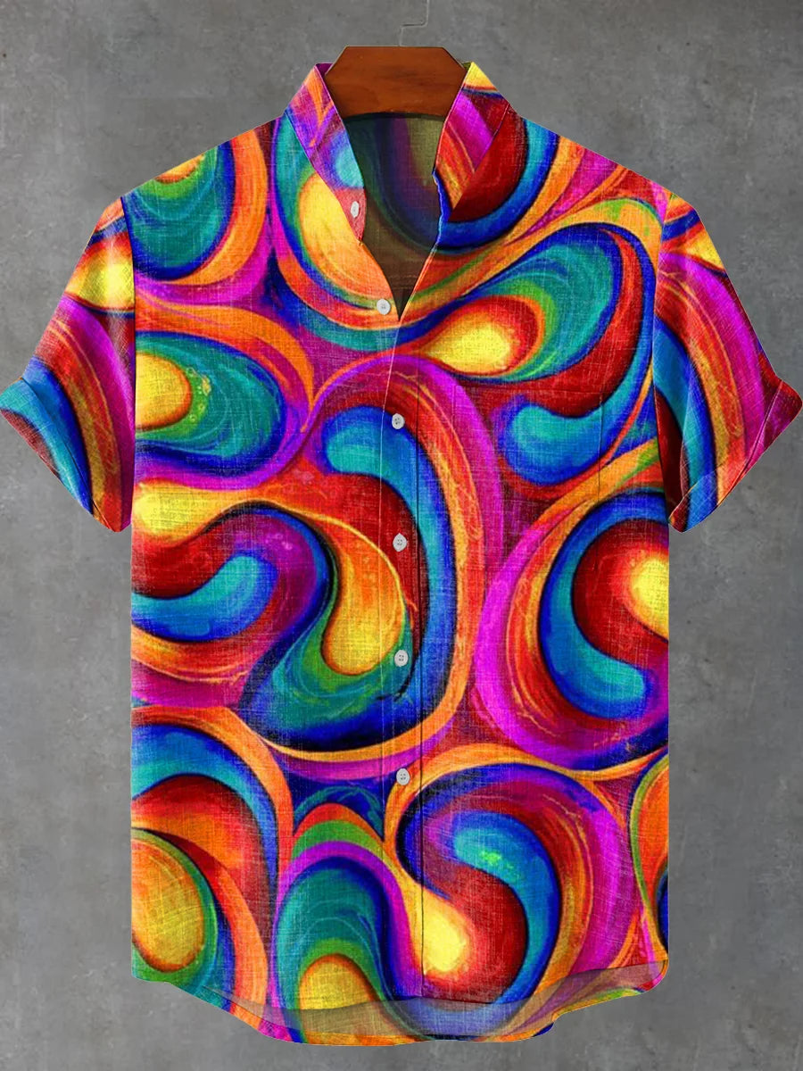Retro Abstract Pocket Stand Collar Short Sleeve Shirt
