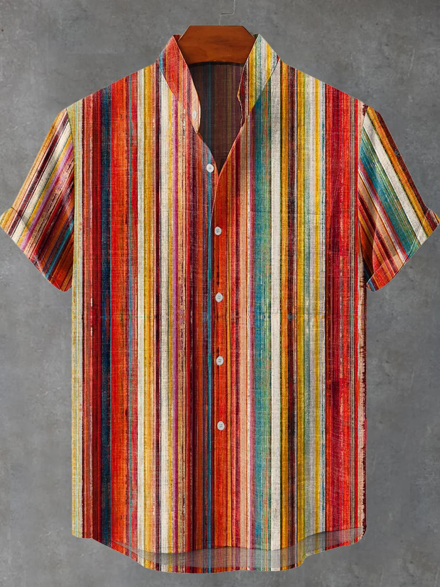Vertical Stripes Print Pocket Stand Collar Short Sleeve Shirt