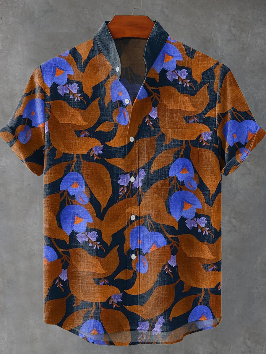 Elegant Blue Floral Pocket Stand Collar Short Sleeve Shirt