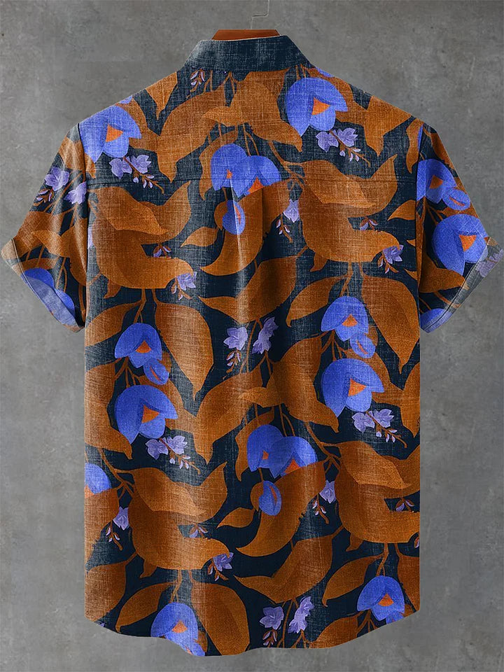 Elegant Blue Floral Pocket Stand Collar Short Sleeve Shirt