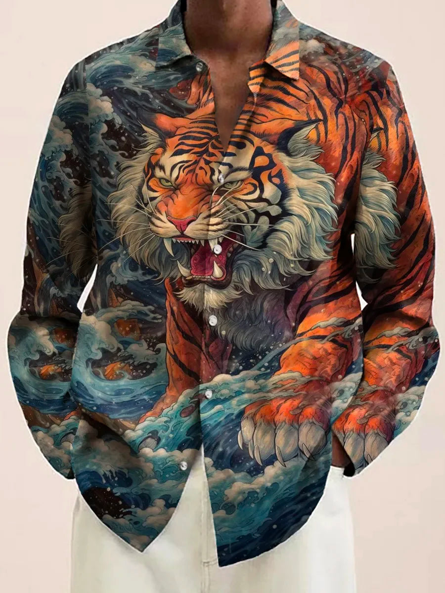 Vintage Ukiyoe Tiger Print Men's Pocket Long Sleeve Shirts