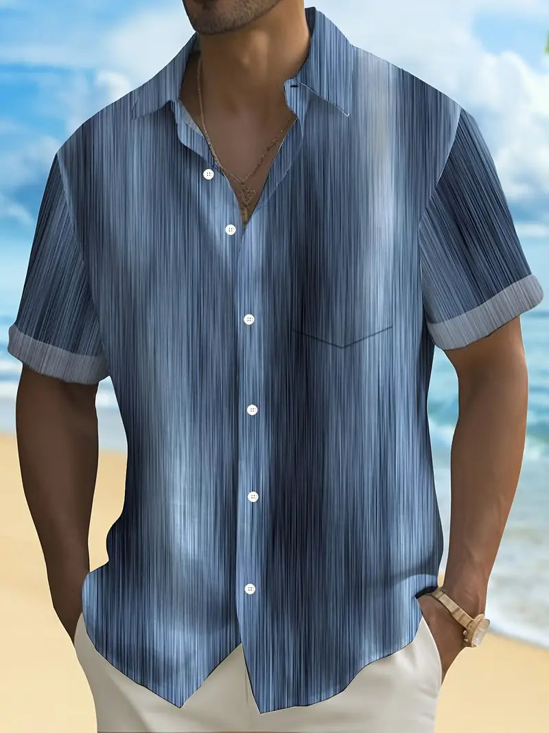Gradient Stripe Print Men's Pocket Short Sleeve Shirts