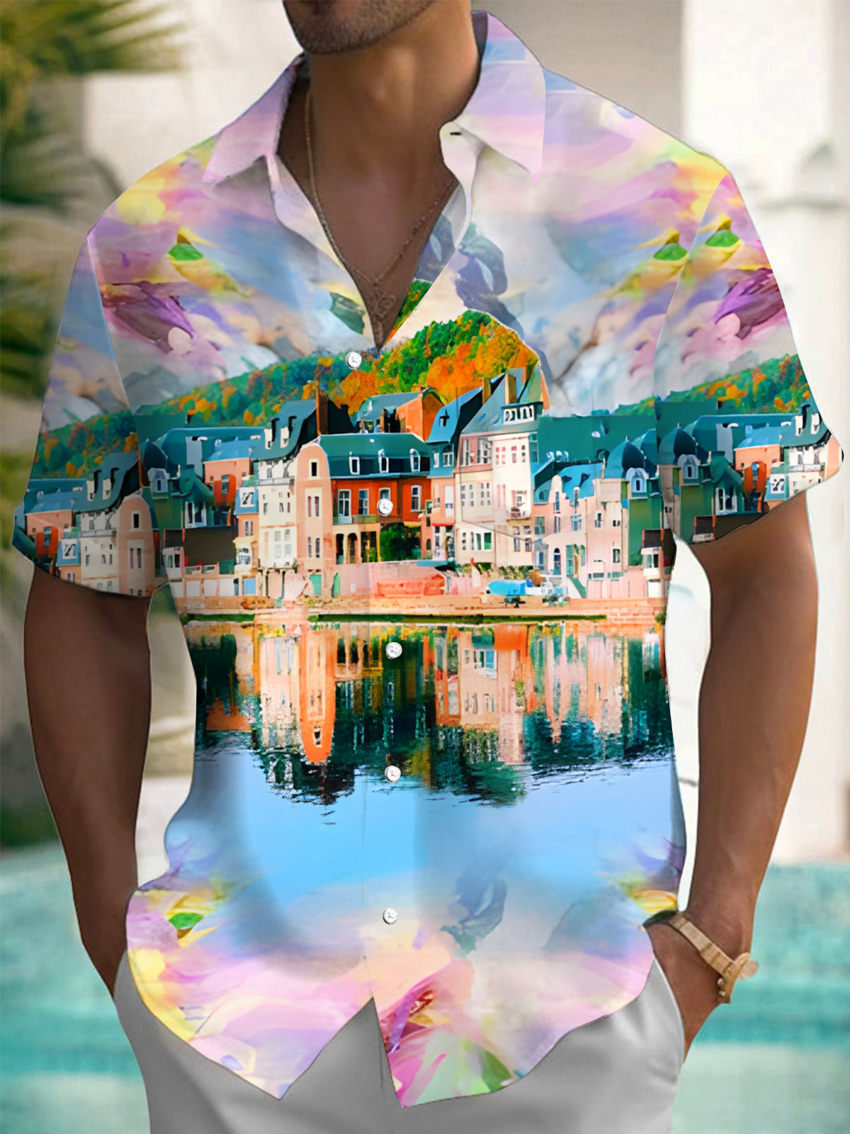 House Scenery Men's Pocket Short Sleeve Shirts