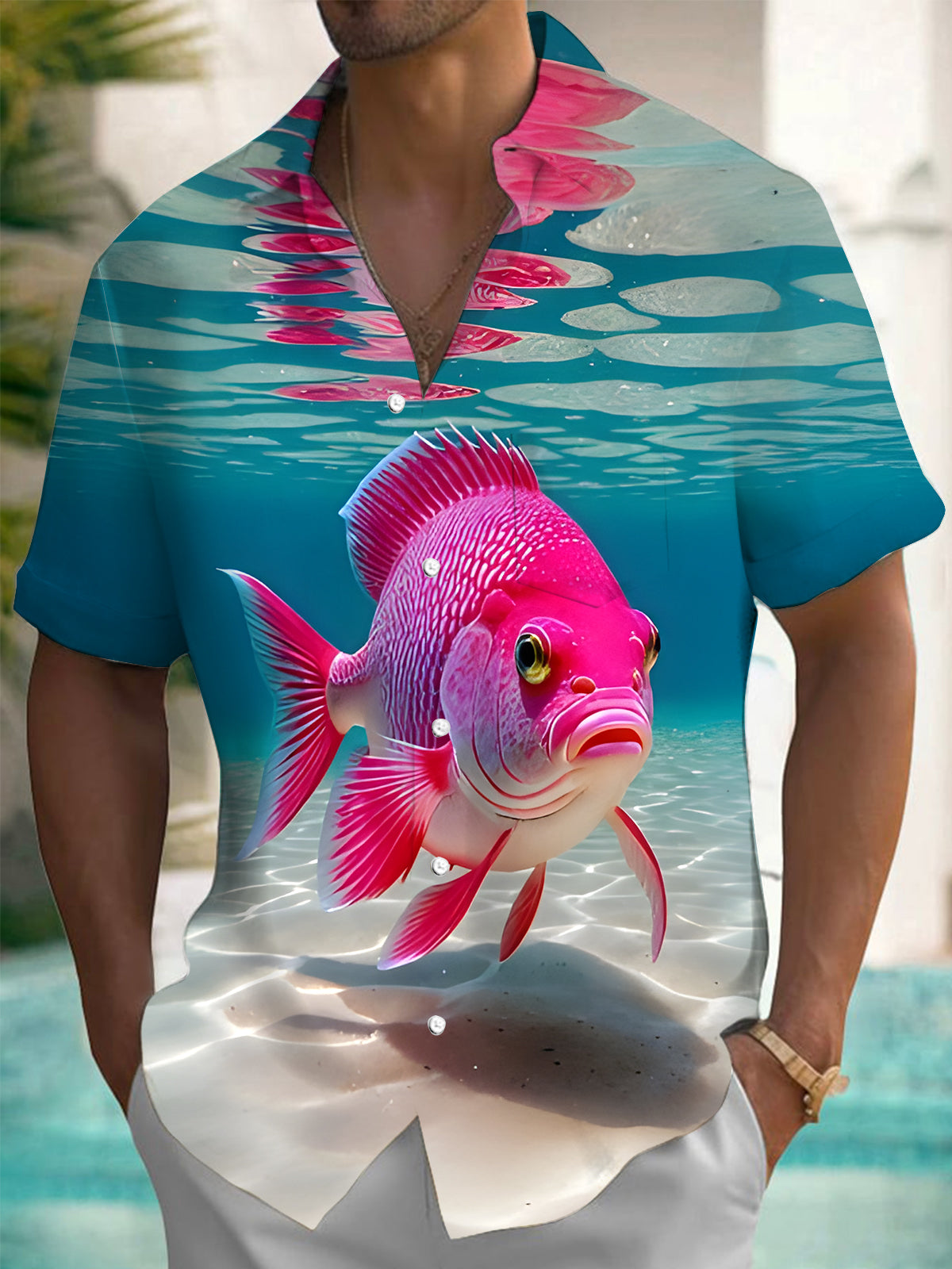 Ocean Fish Print Men's Pocket Short Sleeve Shirts