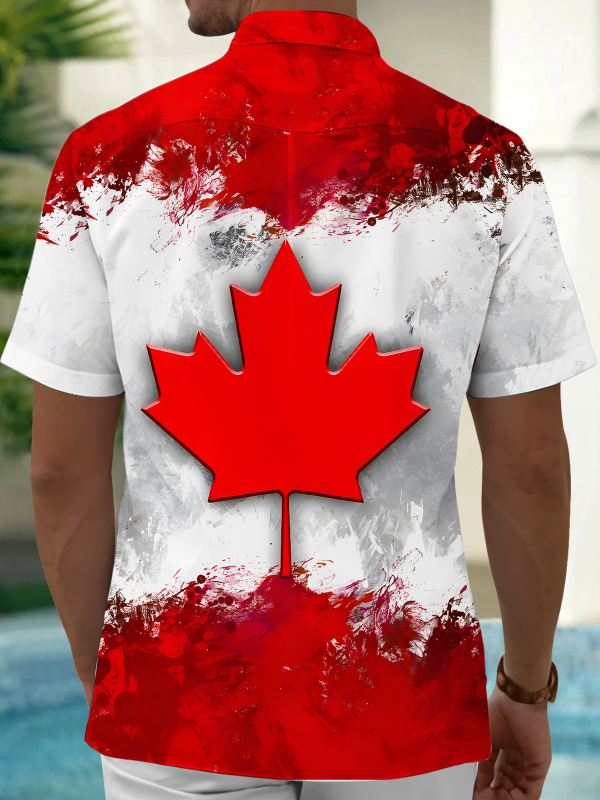 Maple Leaf Print Men's Pocket Short Sleeve Shirts