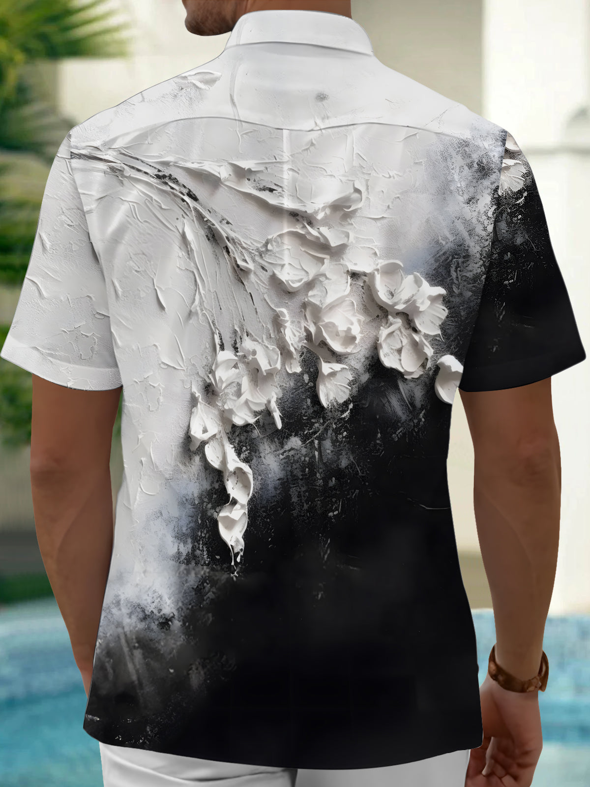 Black White Contrast Floral Print Men's Pocket Short Sleeve Shirts
