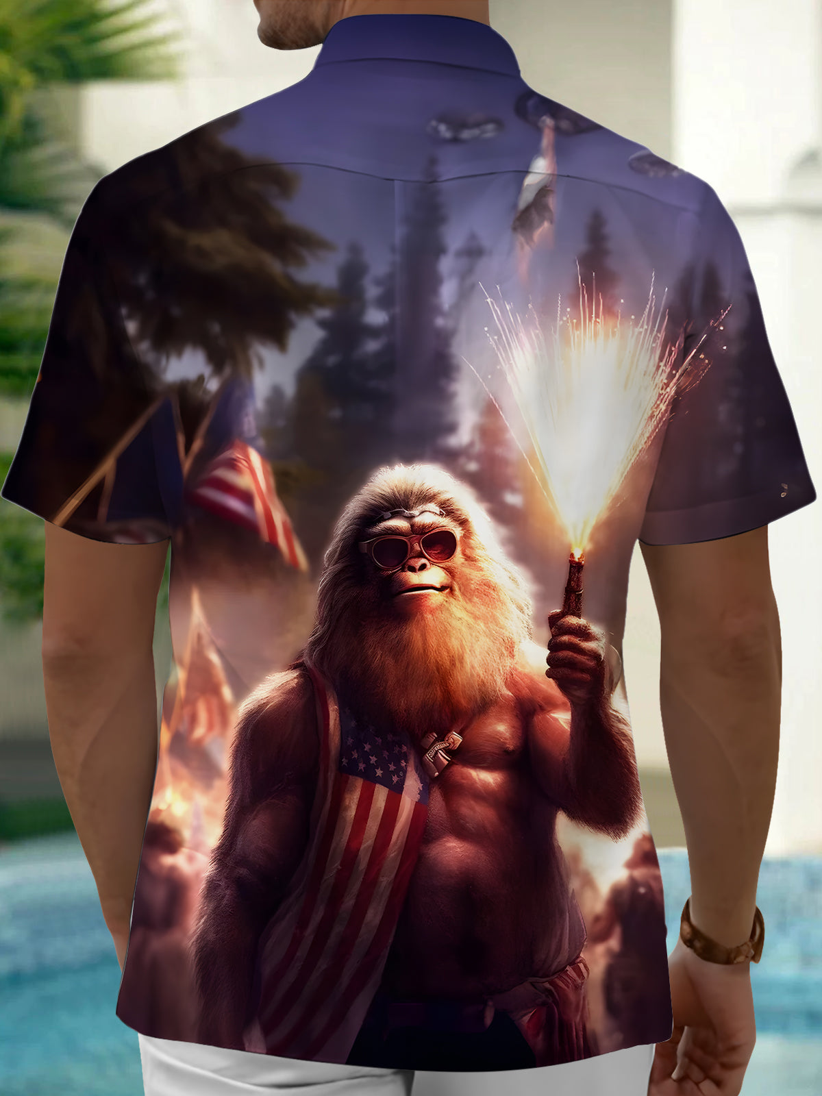 Bigfoot Independence Day American Flag Print Men's Pocket Short Sleeve Shirts