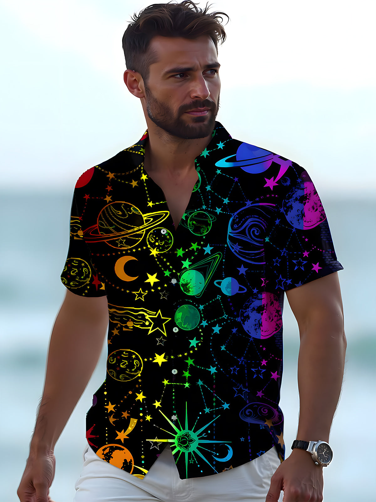 Rainbow Universe Planet Print Men's Pocket Short Sleeve Shirts