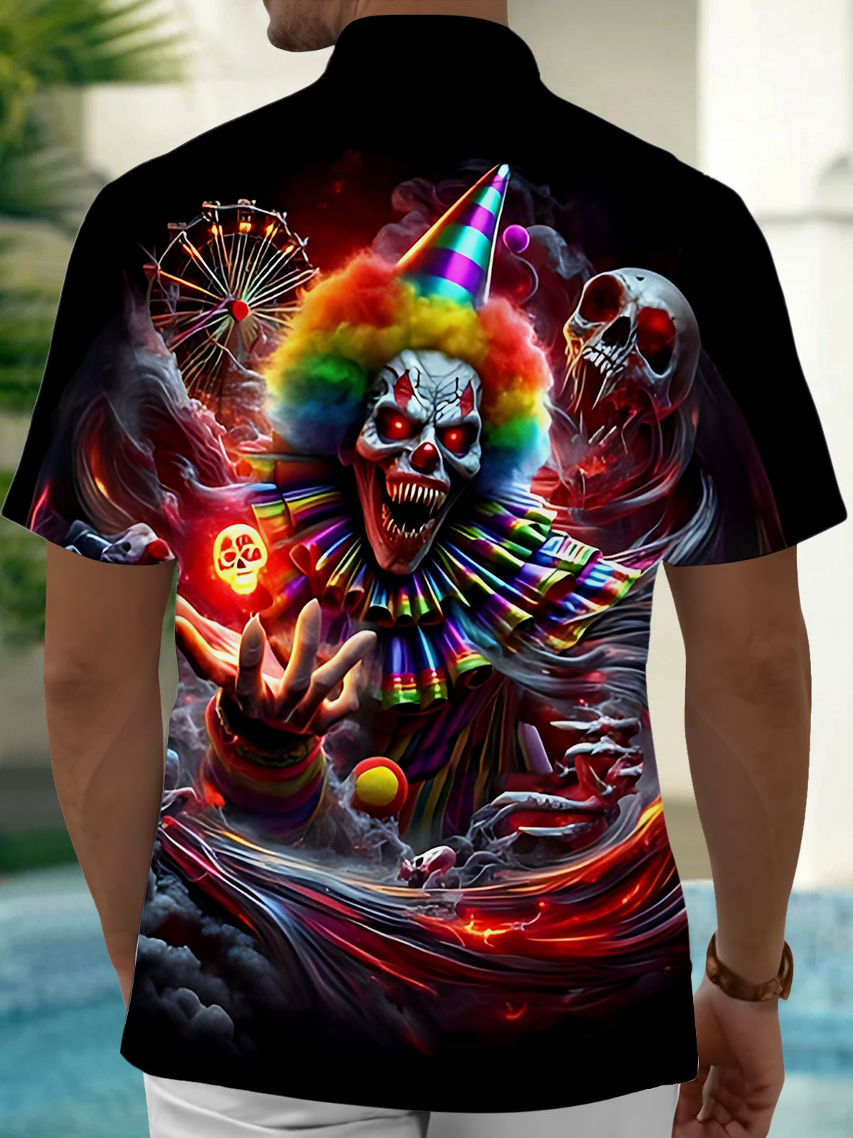 Clown Skull Print Men's Pocket Short Sleeve Shirts