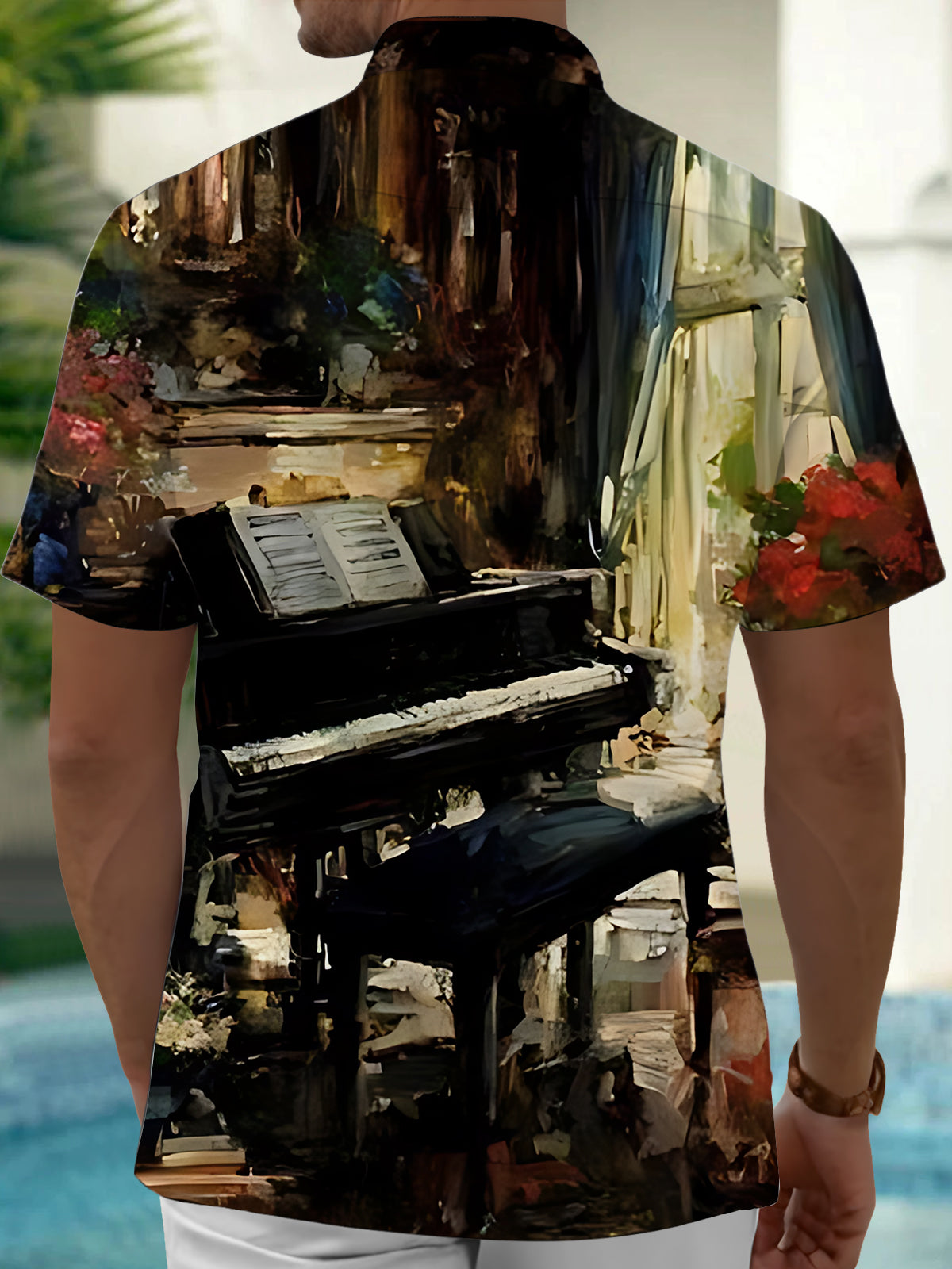 Piano Painting Print Men's Pocket Short Sleeve Shirts