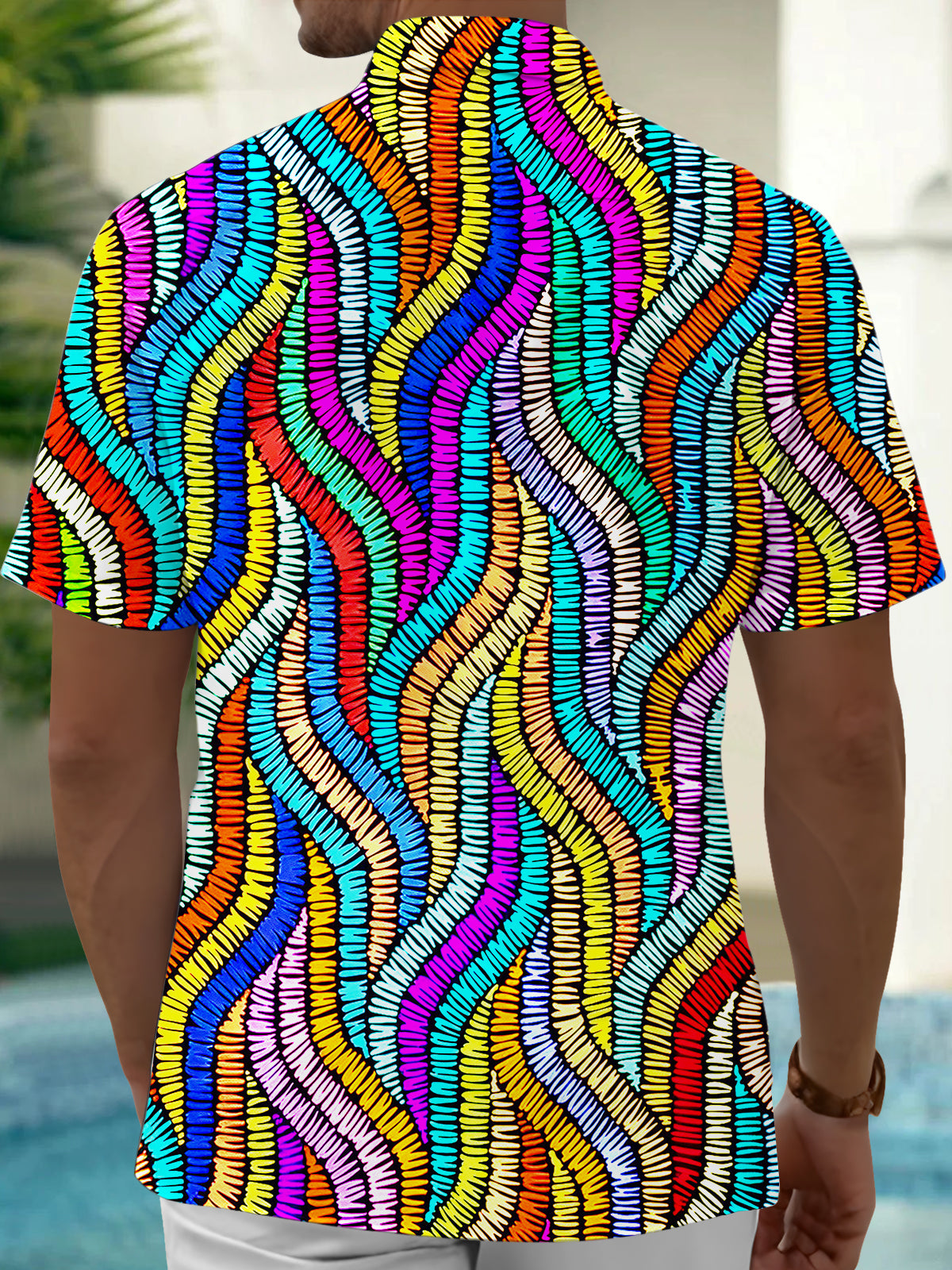 Multi-color Line Geometry Men's Pocket Short Sleeve Shirts