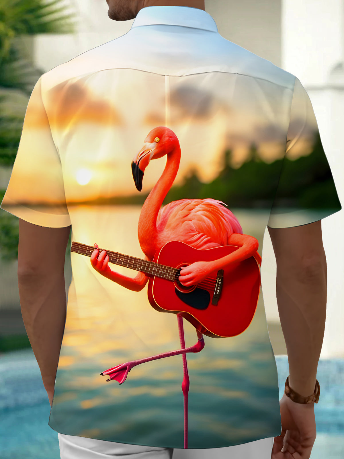 Funny Flamingo Guitar Men's Pocket Short Sleeve Shirts