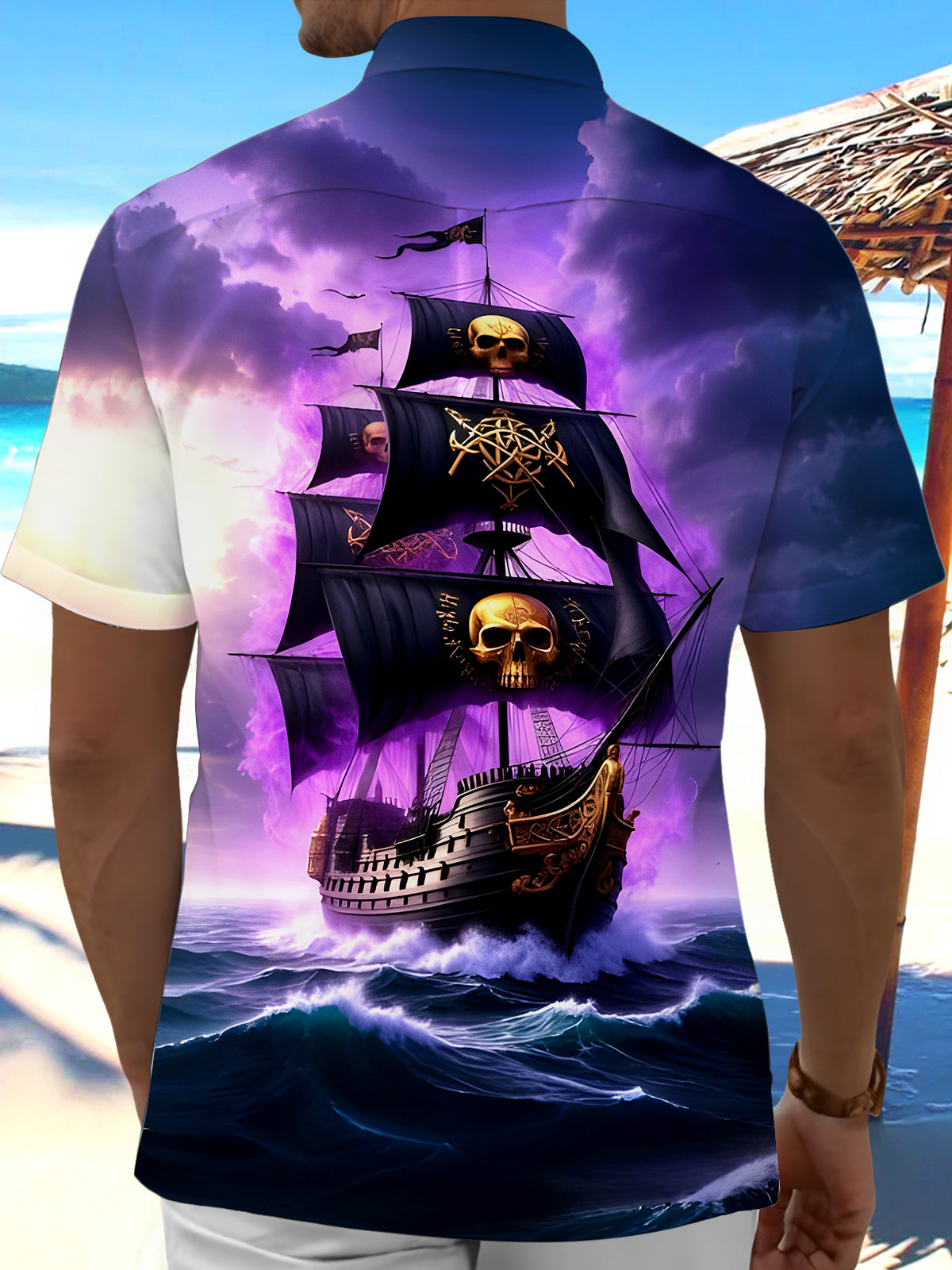 Hawaiian Skull Boat Men's Pocket Short Sleeve Shirts