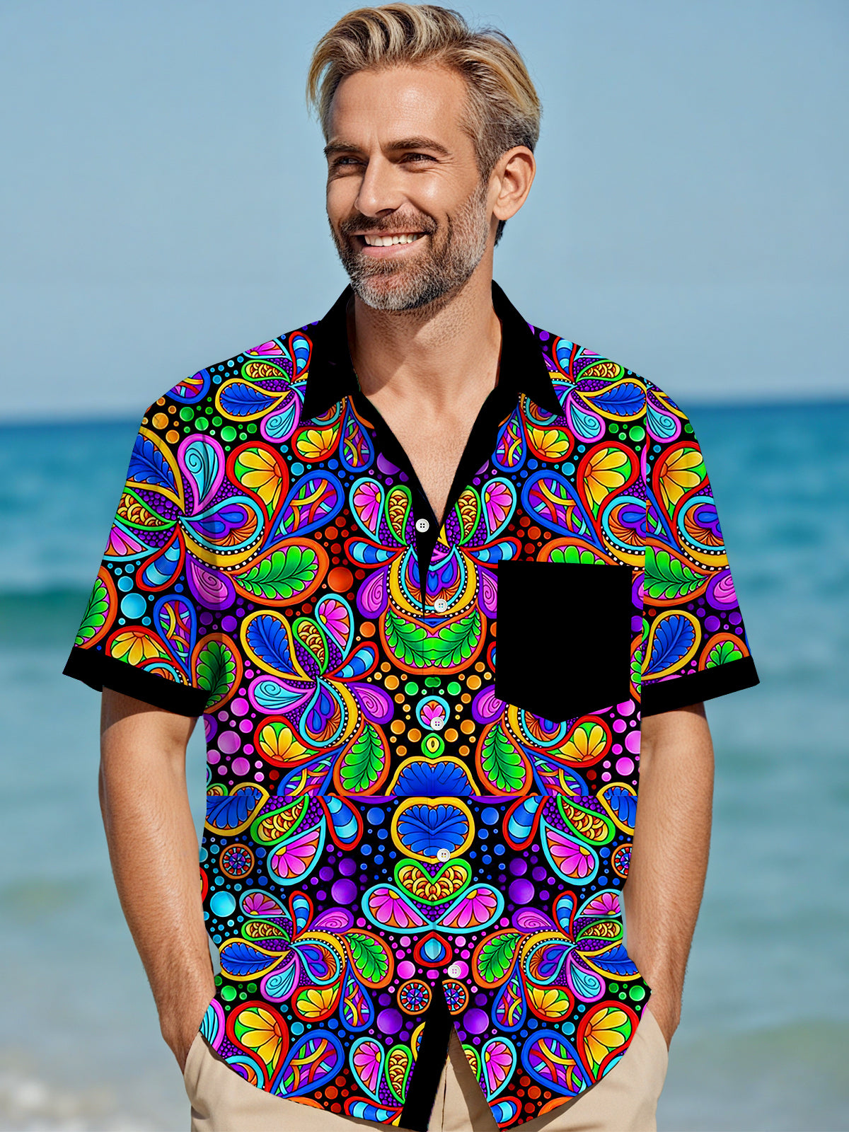 Hawaiian Colorful Leaves Men's Pocket Short Sleeve Shirts