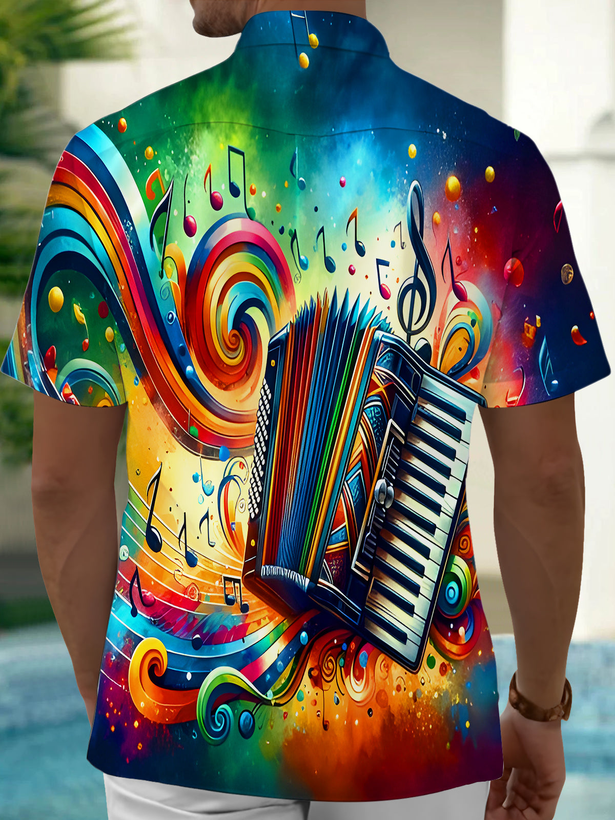 Accordion Tie Dye Music Notes Men's Pocket Short Sleeve Shirts