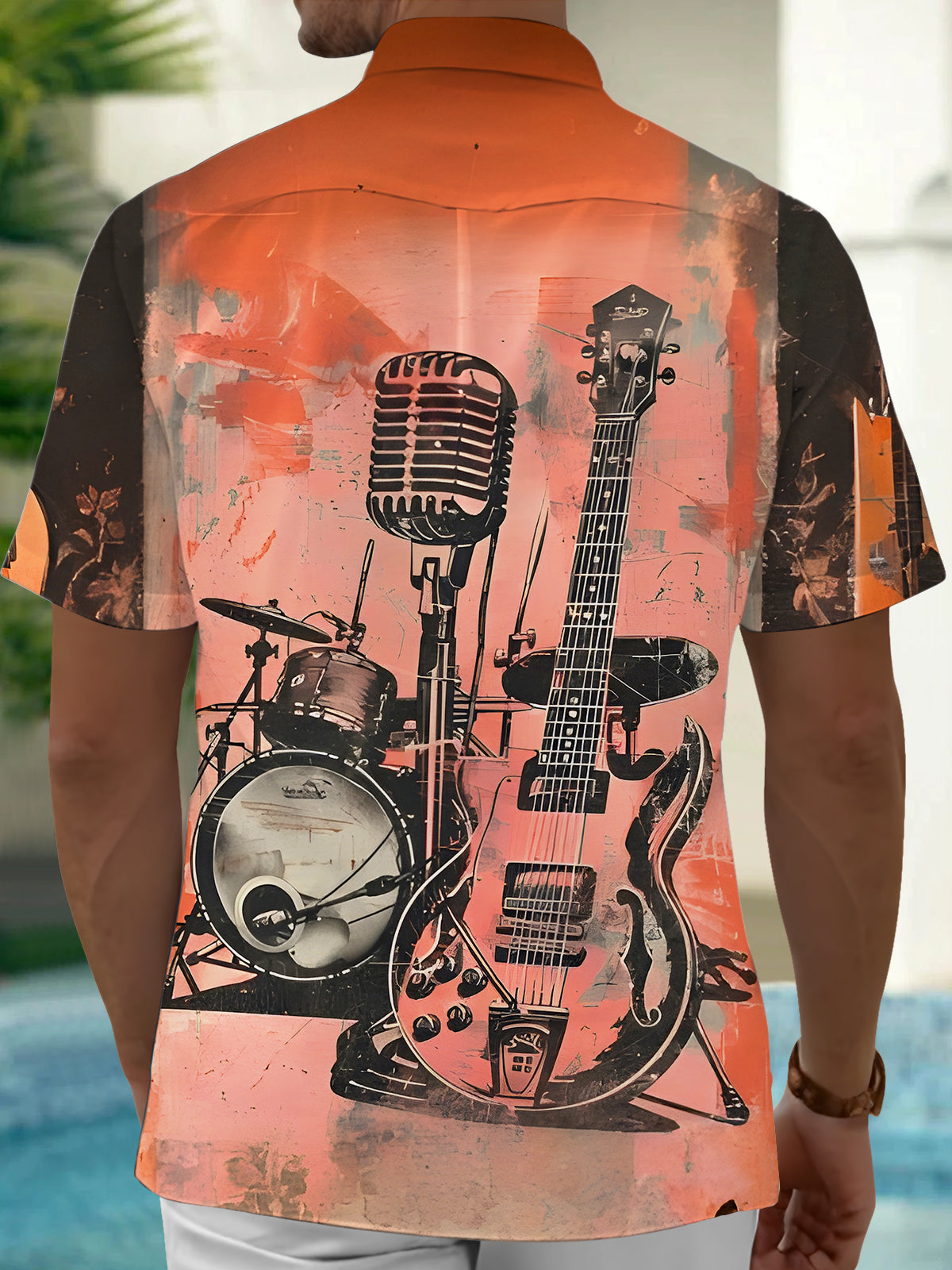 Retro Drum Set Guitar Music Instrument Men's Pocket Short Sleeve Shirts