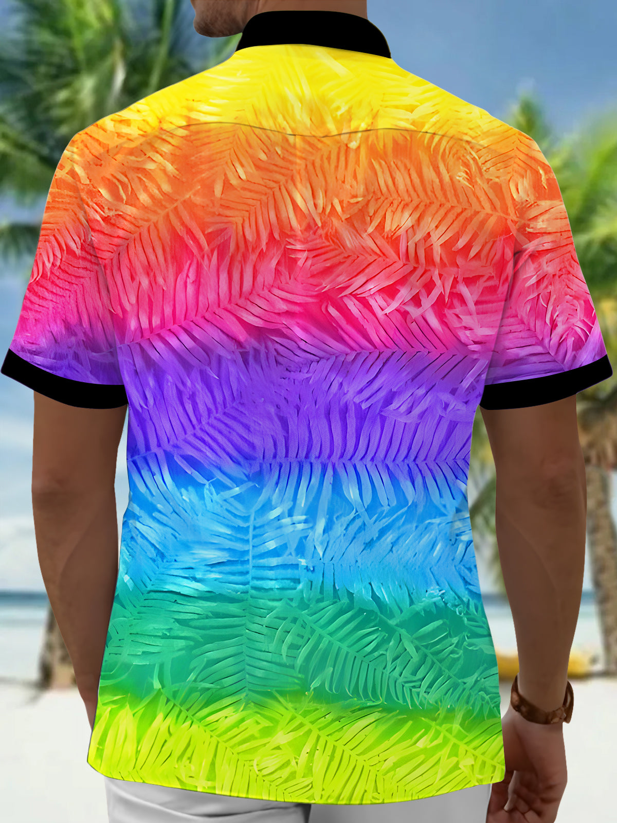 Hawaiian Rainbow Gradient Leaves Men's Pocket Short Sleeve Shirts
