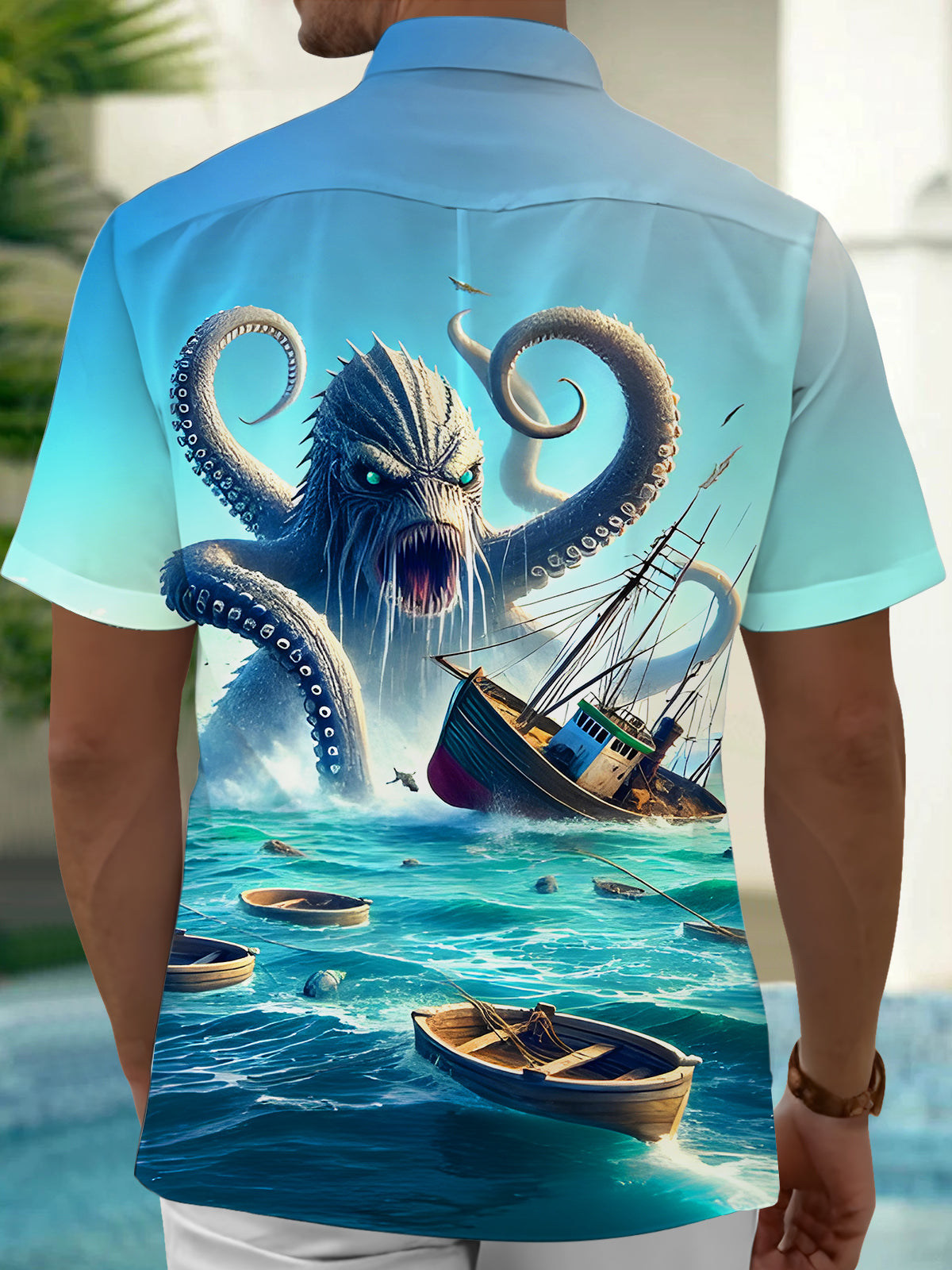 Funny Octopus Ocean Boat Men's Pocket Short Sleeve Shirts