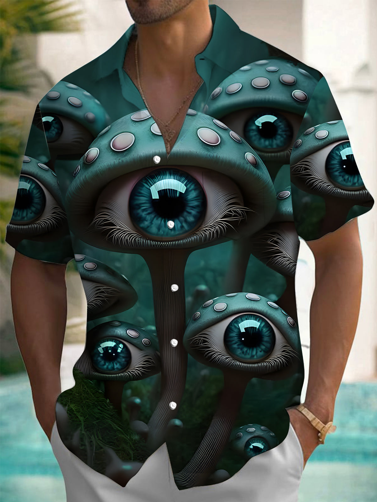 Mushroom Eye Print Men's Pocket Short Sleeve Shirts