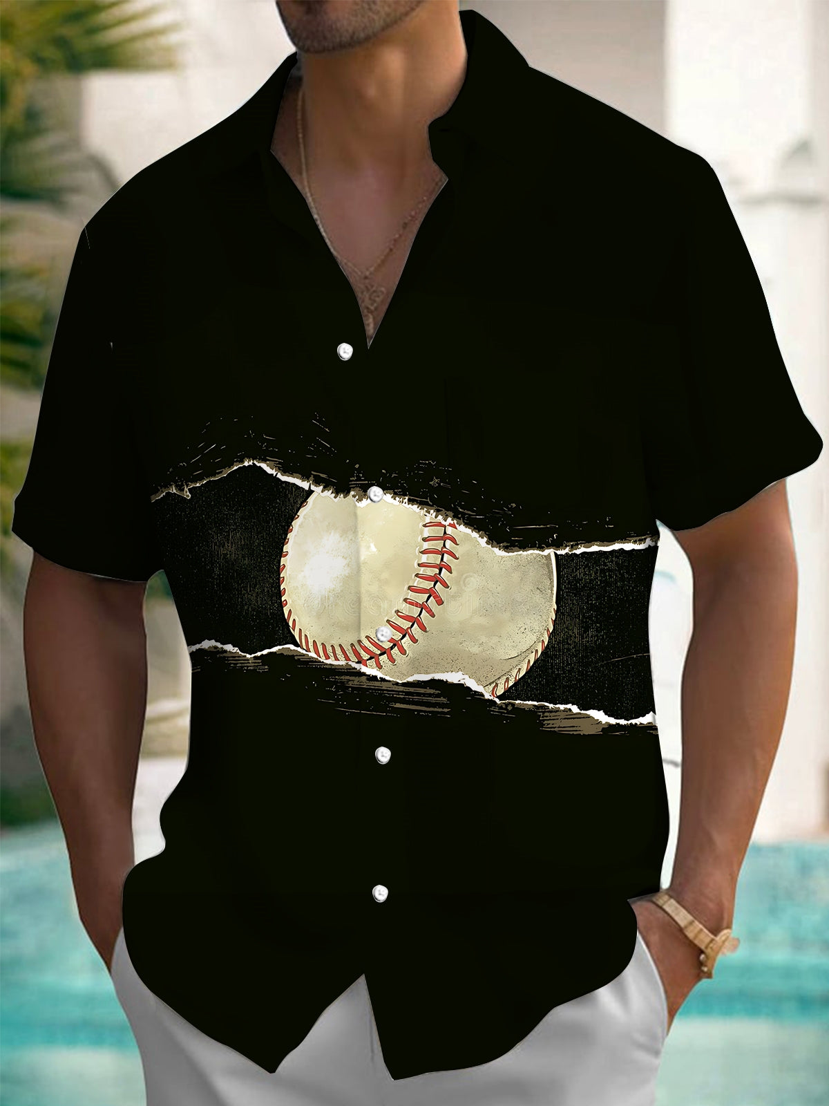 Baseball Print Men's Pocket Short Sleeve Shirts