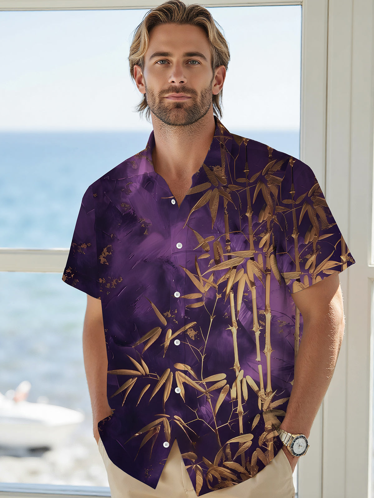 Bamboo Print Men's Pocket Short Sleeve Shirts