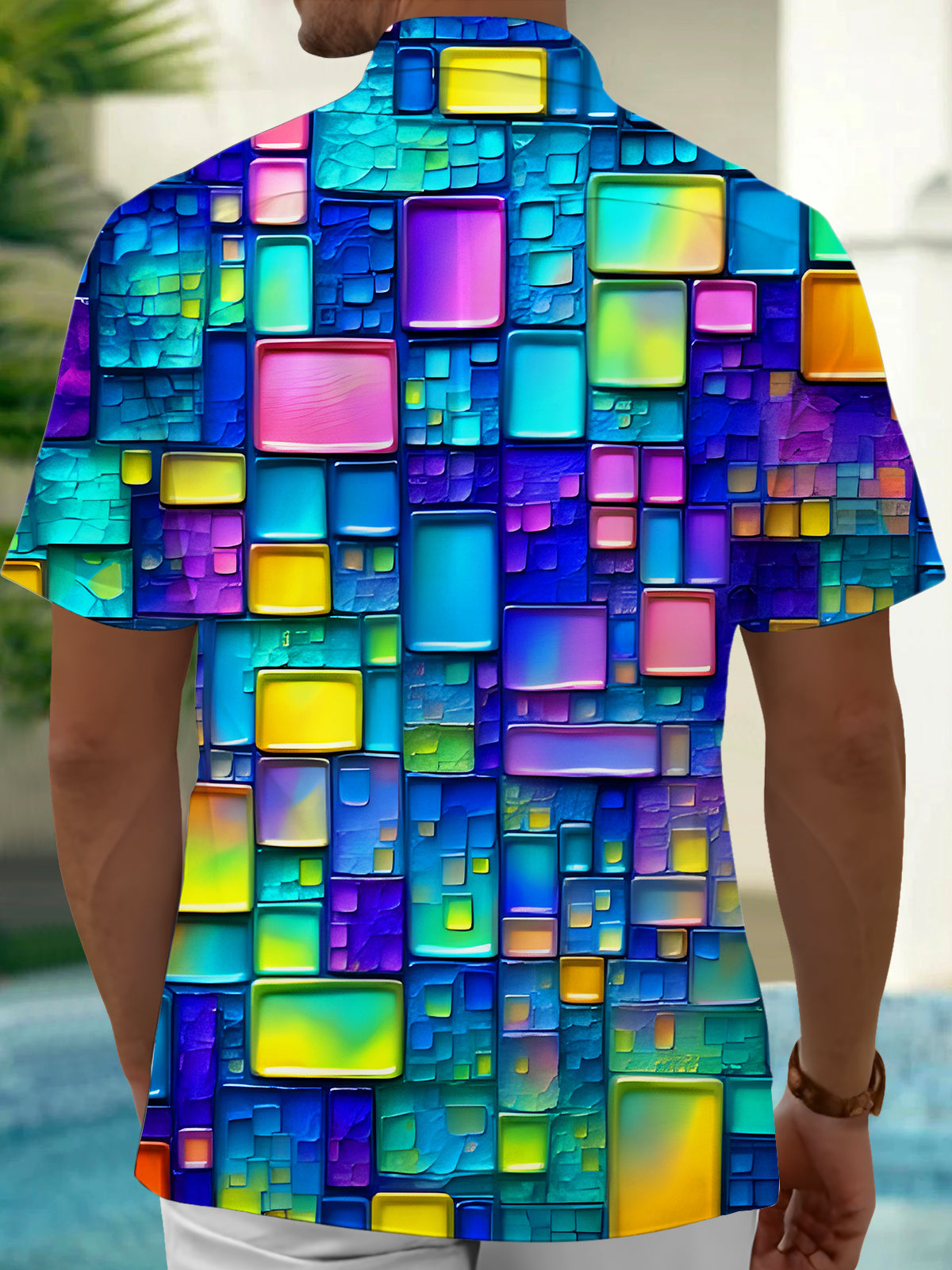 Color Block Geometry Men's Pocket Short Sleeve Shirts