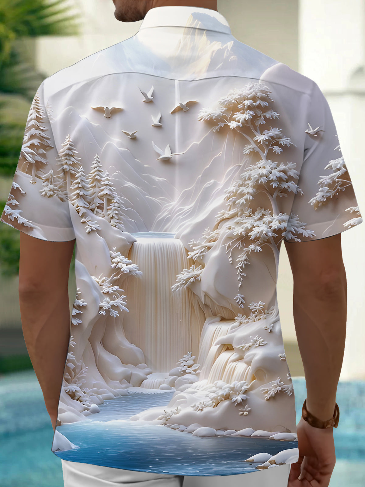 Landscape Trees Birds Men's Pocket Short Sleeve Shirts