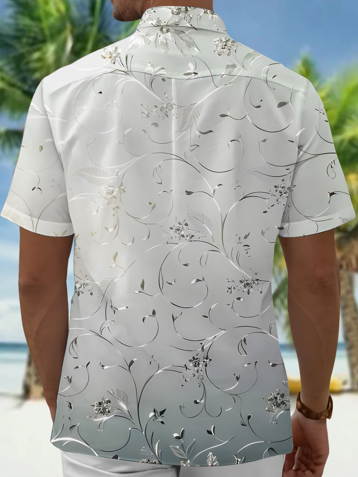 Silvery Floral Leaves Men's Pocket Short Sleeve Shirts
