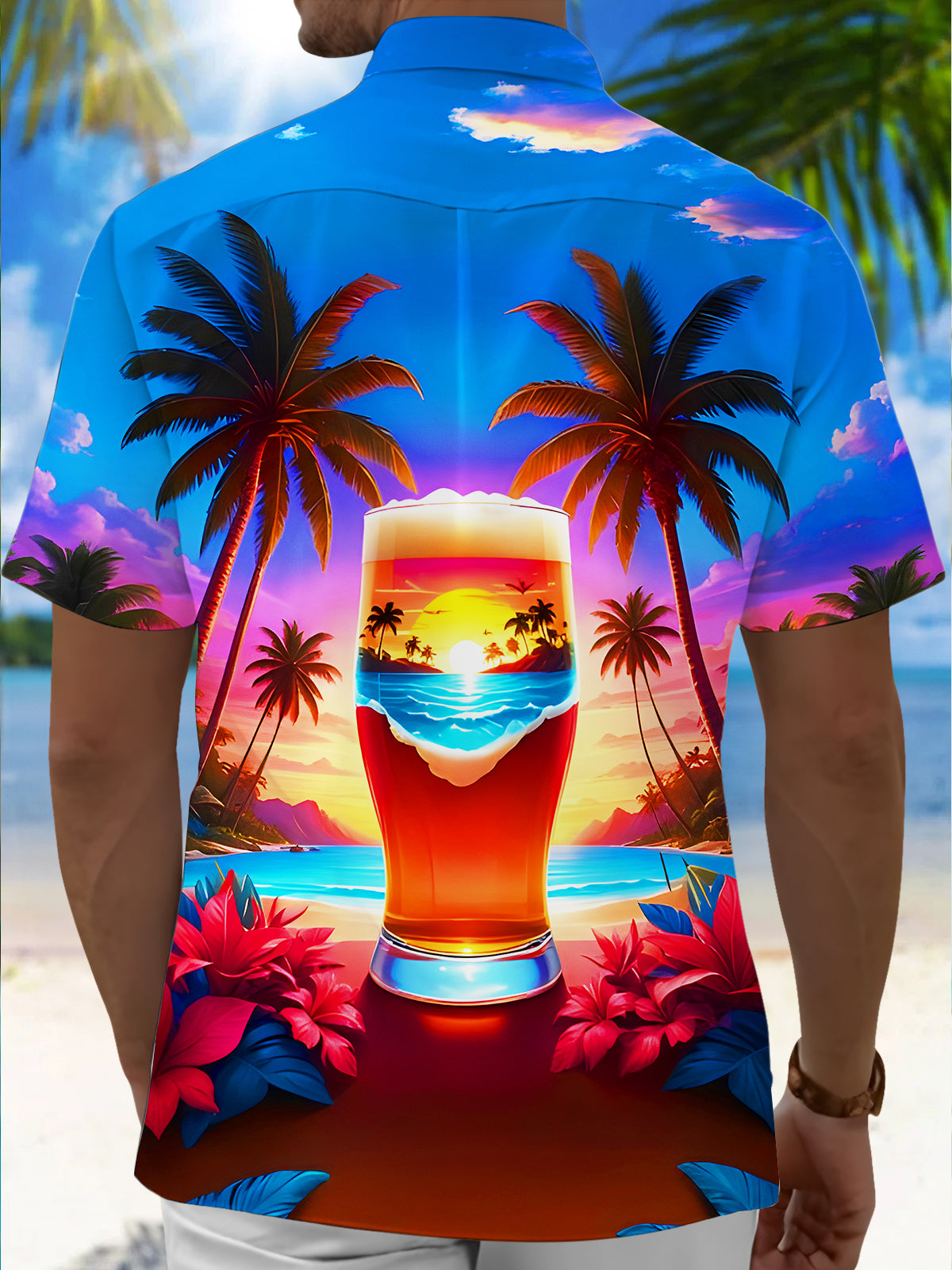 Hawaiian Coconut Trees Beer Beach Men's Pocket Short Sleeve Shirts