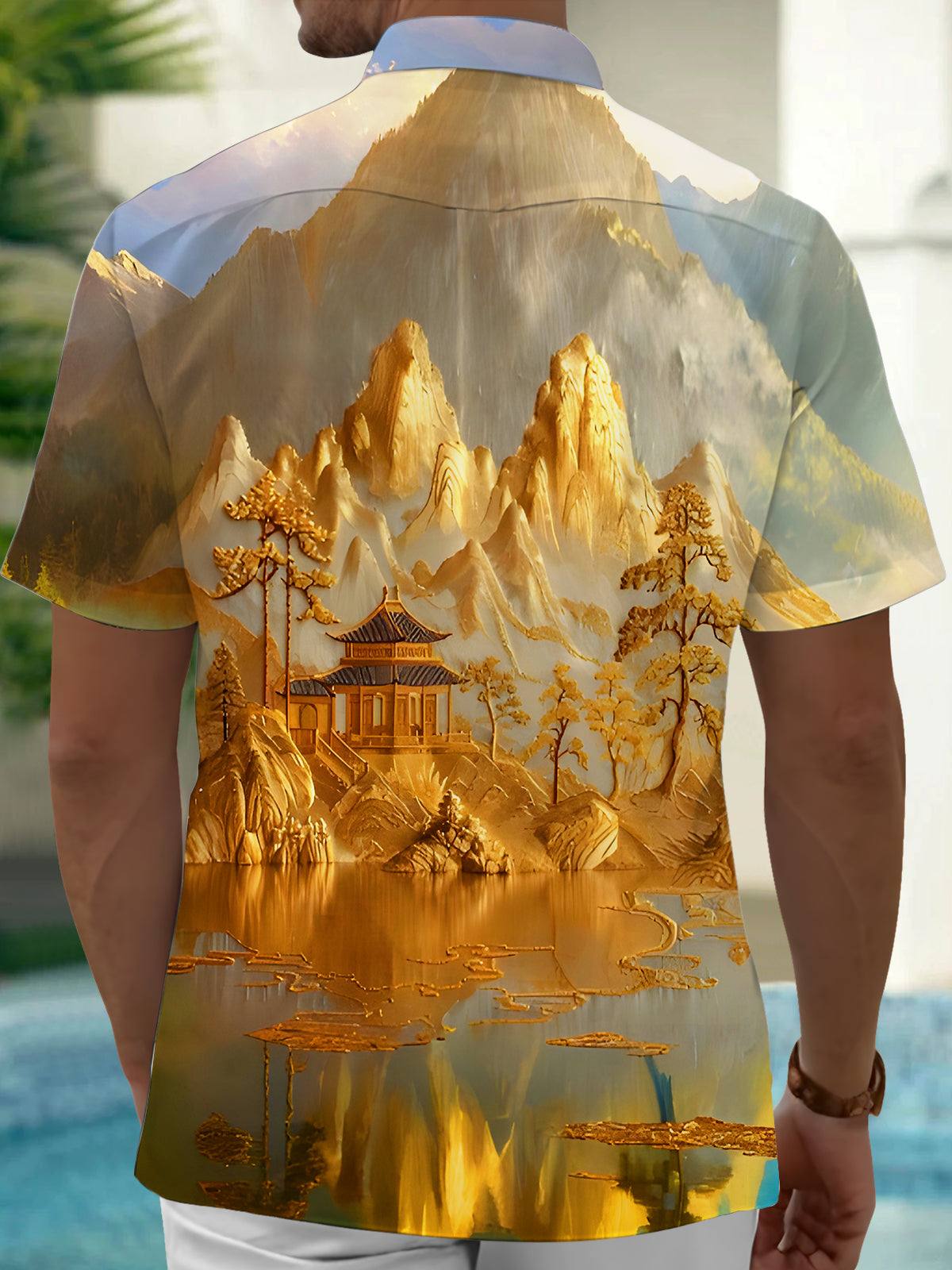 Golden Mountain Courtyard Tree Lake View Men's Pocket Short Sleeve Shirts