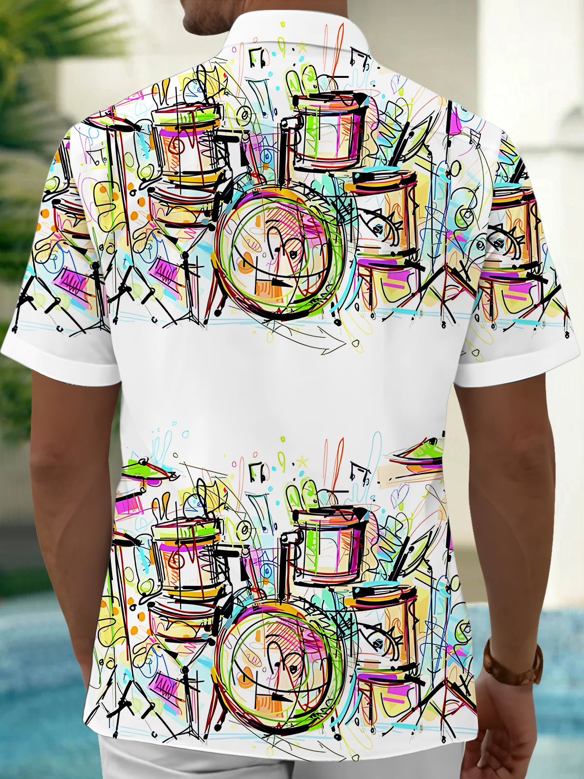 Colored Musical Instruments Drum Set Painting Art Print Men's Pocket Short Sleeve Shirts
